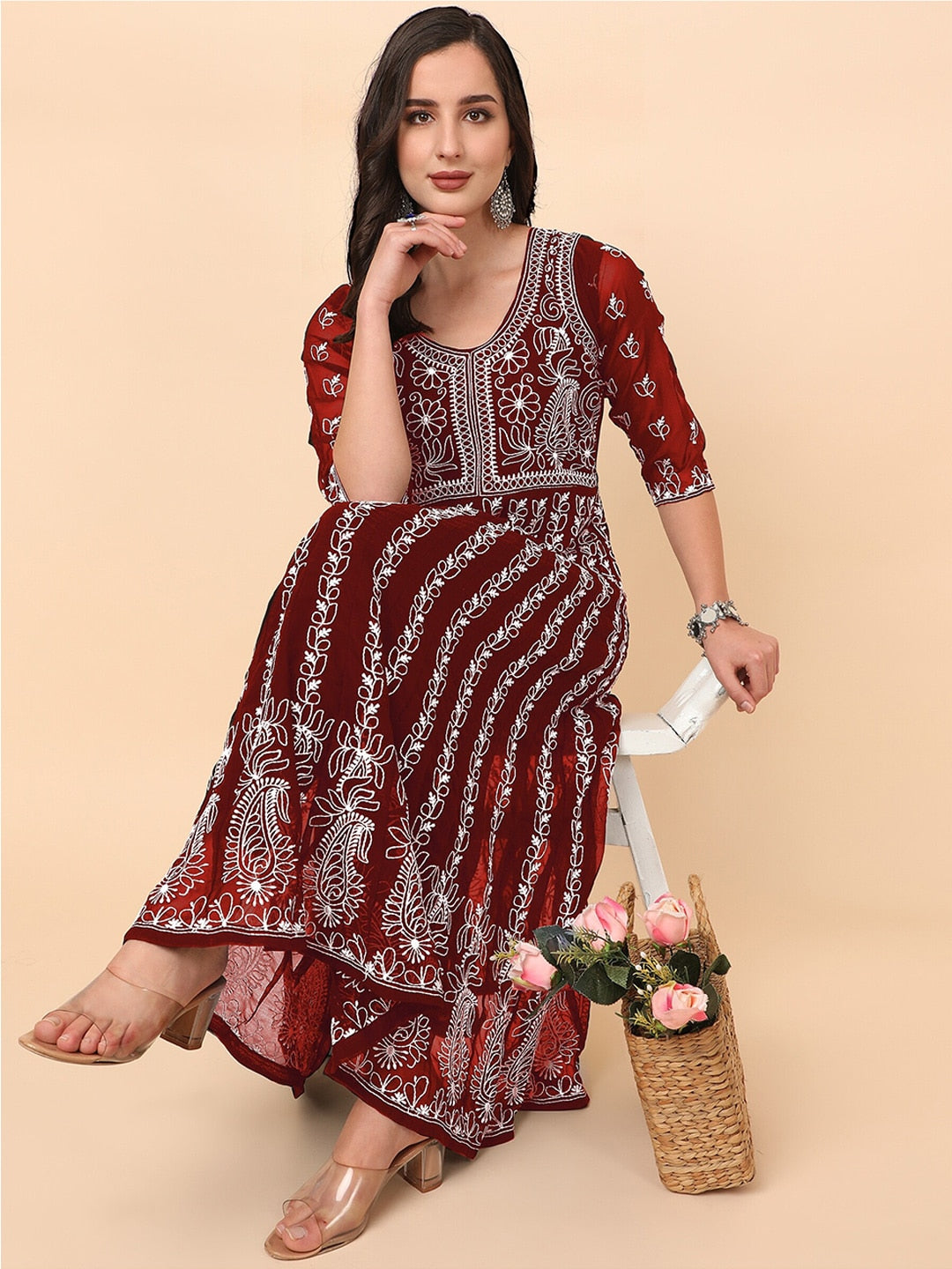 HERE&NOW Scoop Neck Chikankari Embroidered Thread Work Georgette Anarkali Kurta