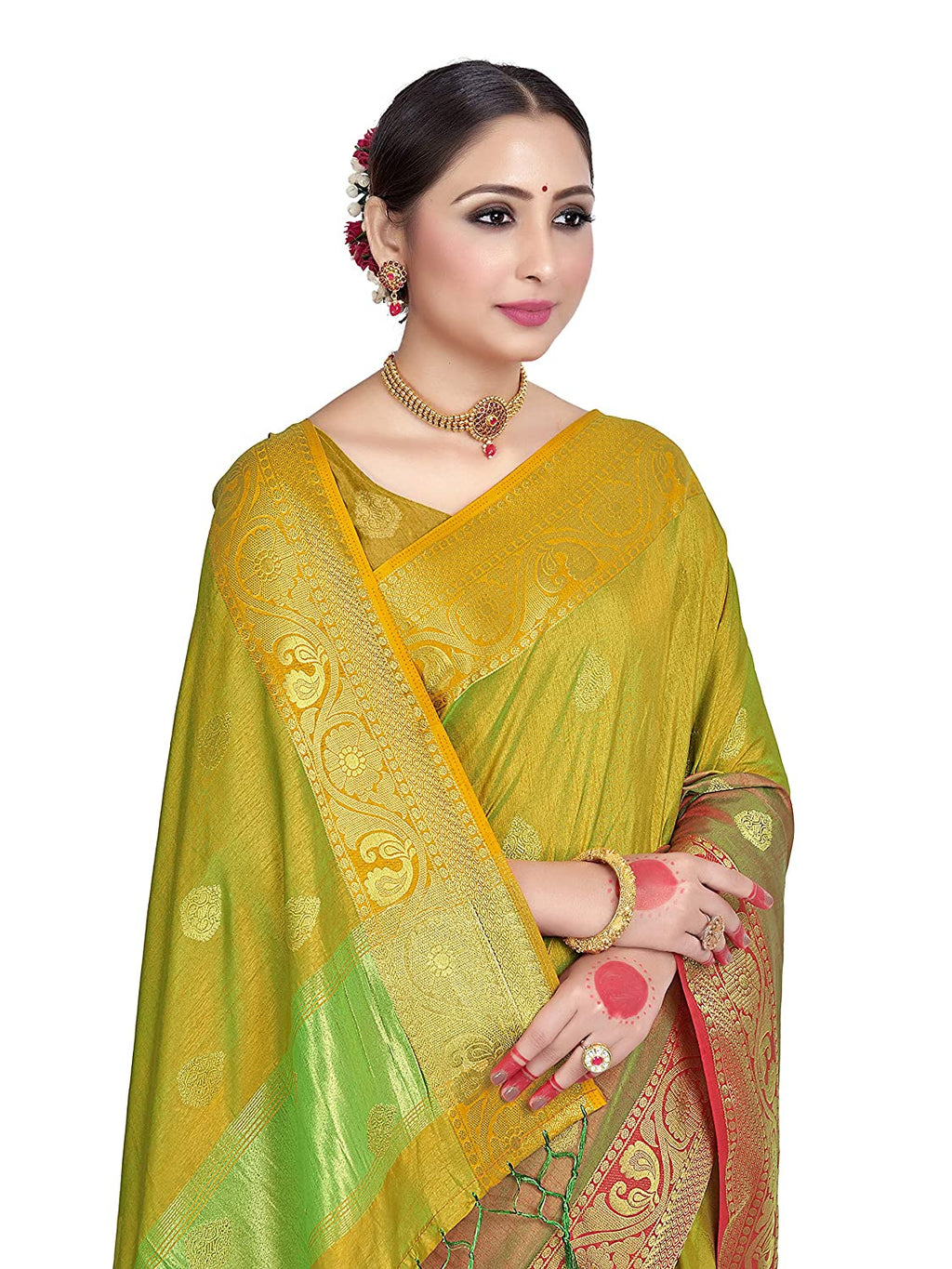 Vardha Women's Yellow Woven Raw Silk Saree