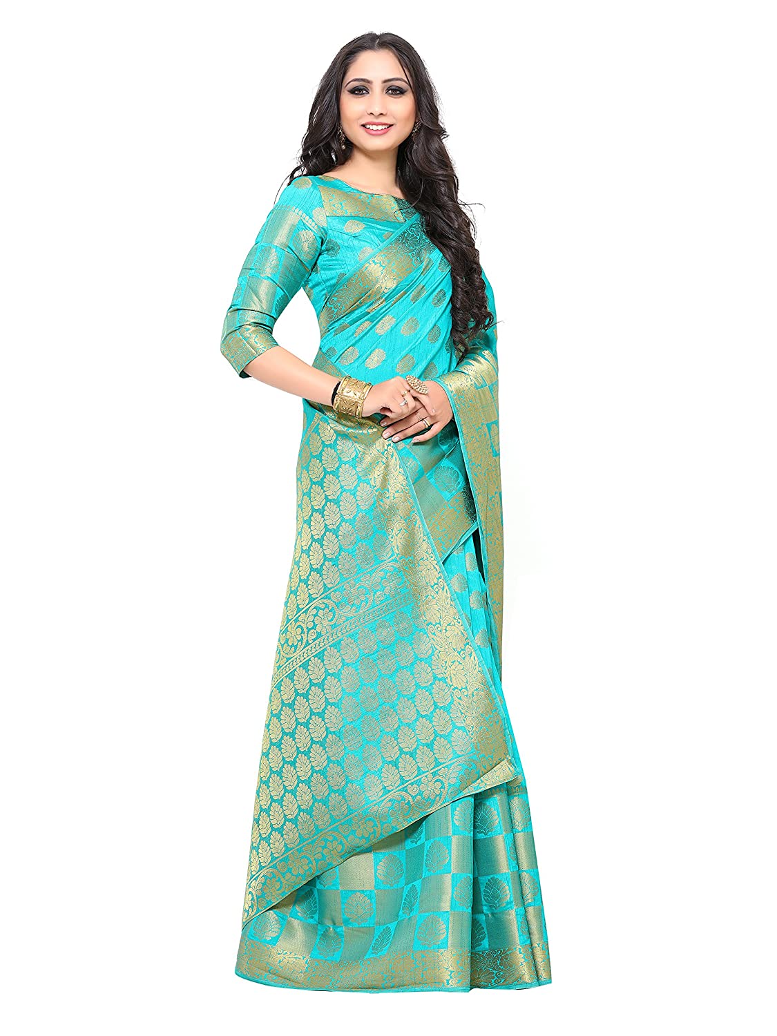 Mimosa Women's Turquoise Blue Woven Art Silk Saree With Blouse Piece