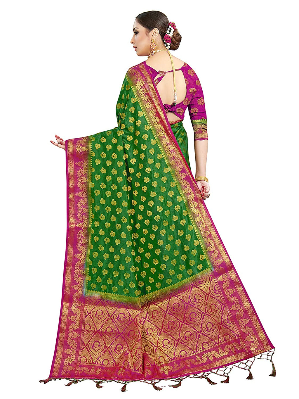 Vardha Women's Green Woven Raw Silk Banarasi Saree