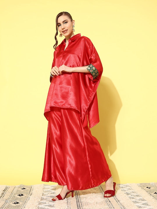 InWeave Women's Red Green Brocade Satin Boho Kurta Palazzo Set