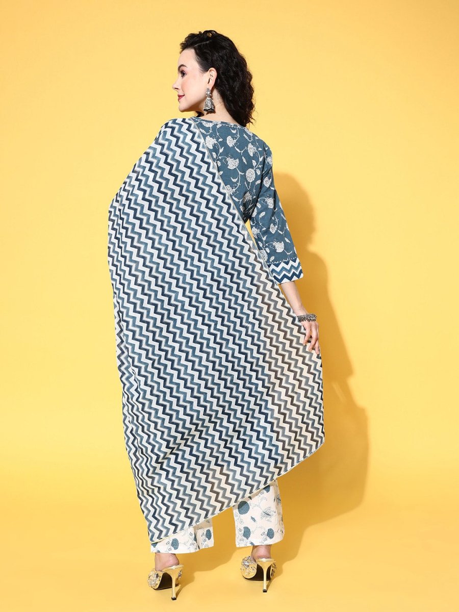 All About You Blue Floral Printed Gotta Patti Pure Cotton Kurta With Trousers & Dupatta