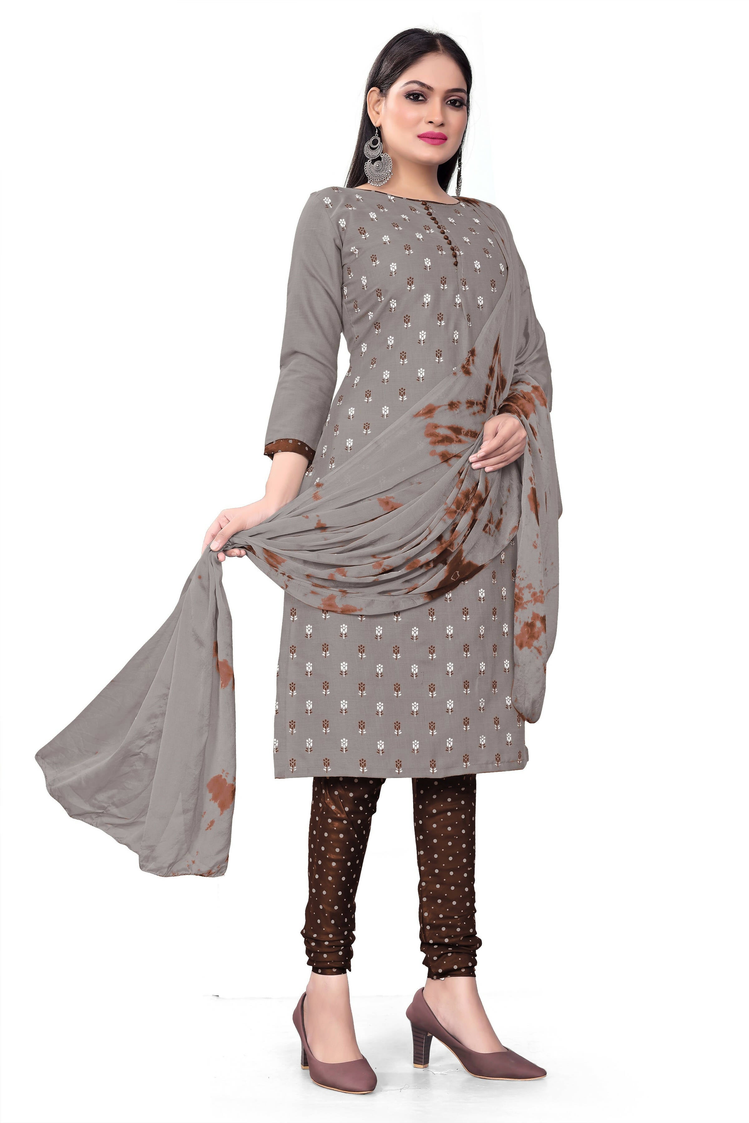 Grey Slab cotton Printed Unstitched Dress Material - Tanvi