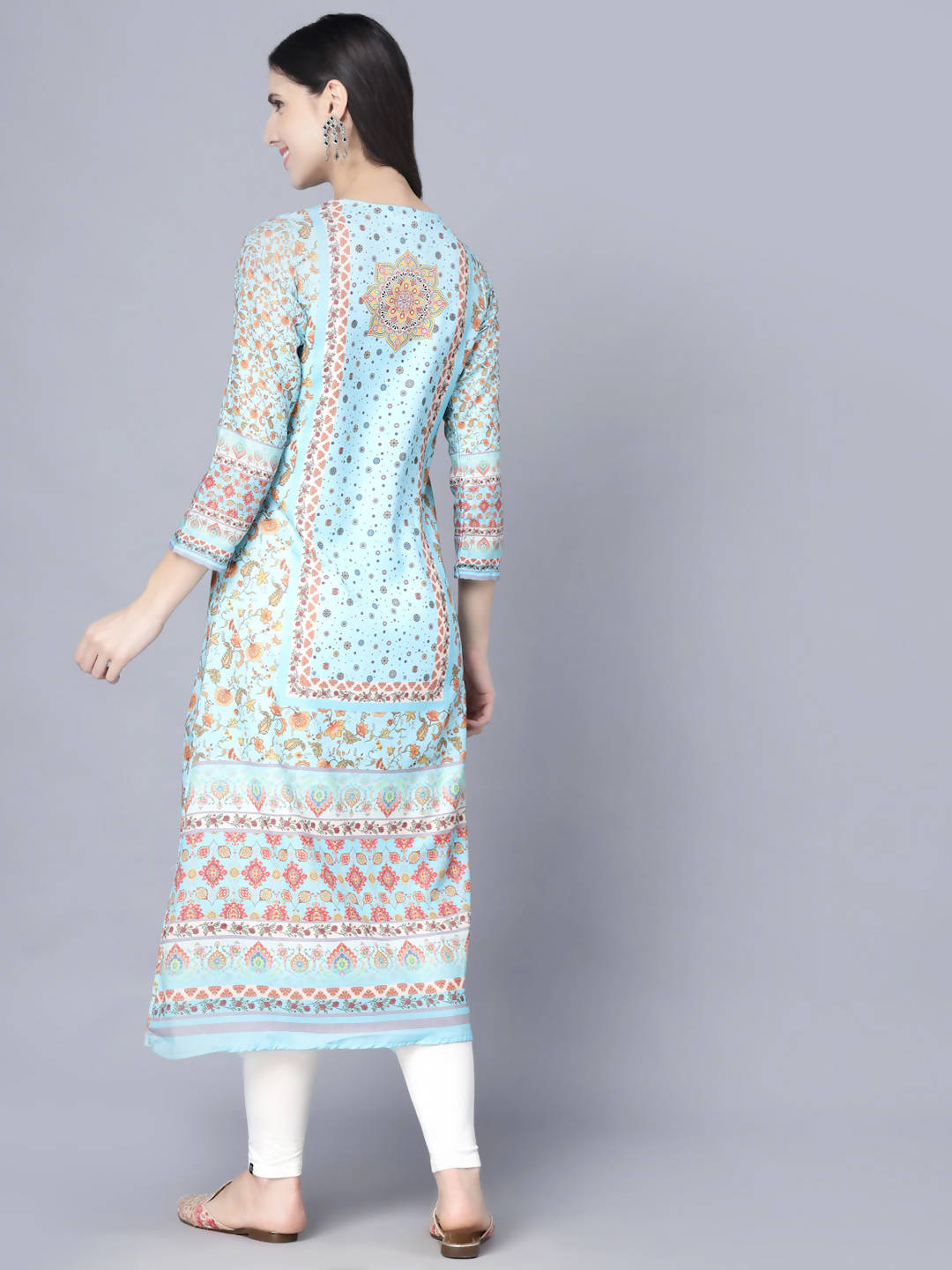 Myshka Women Blue Floral Printed Thread Work Anarkali Kurta