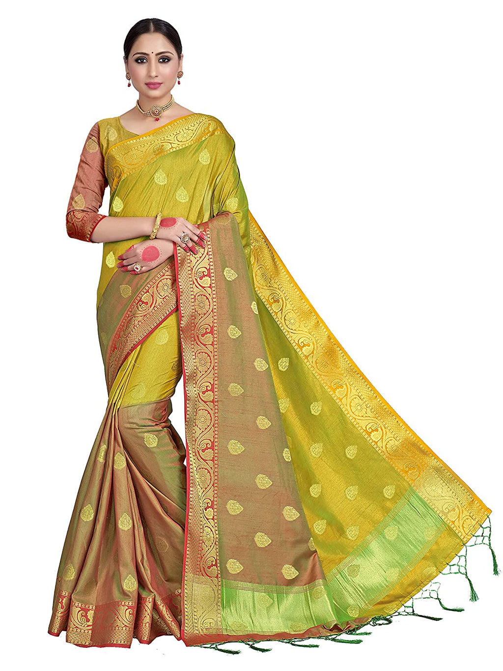 Vardha Women's Yellow Woven Raw Silk Saree