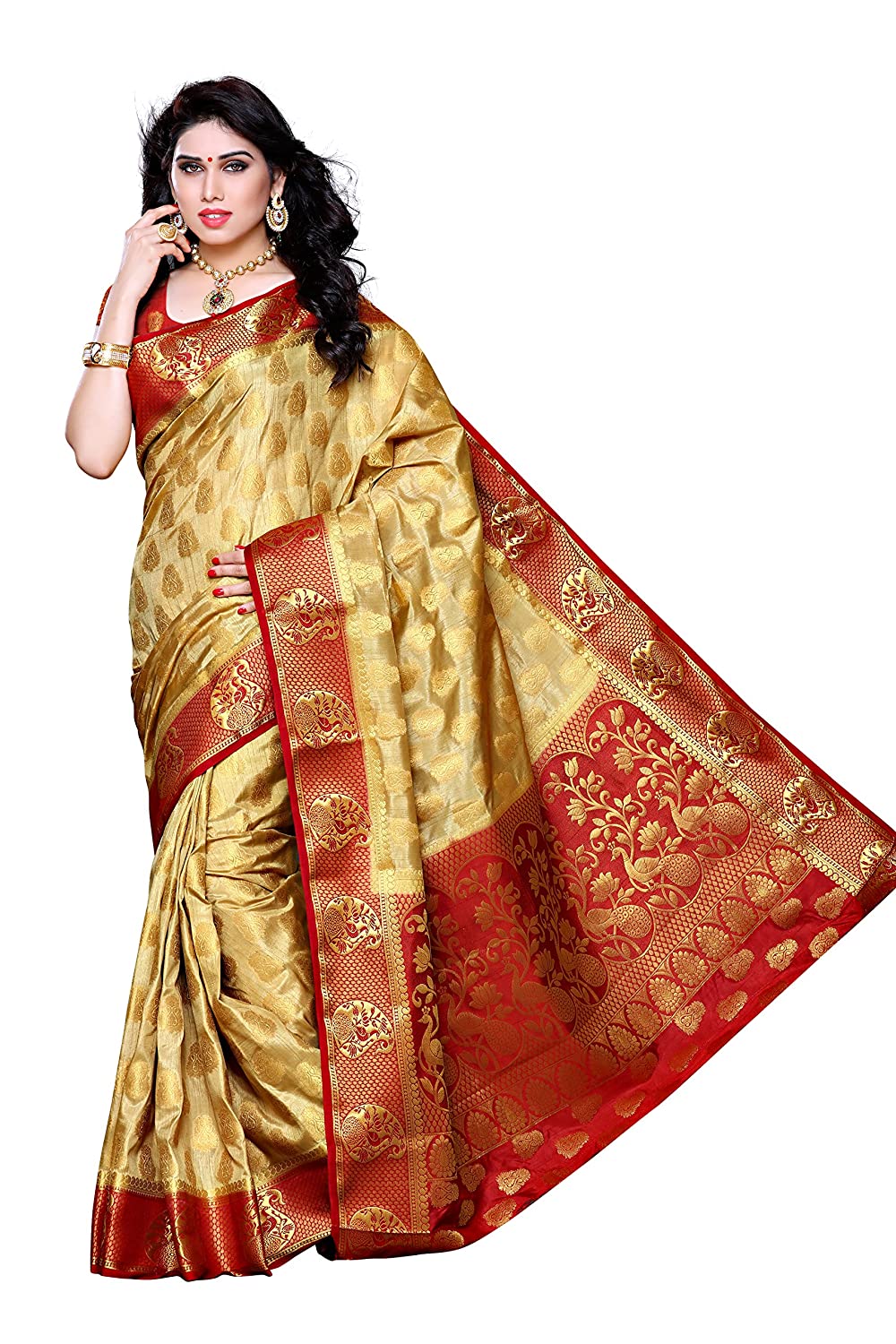 Mimosa Women's Chiku Color Kanchipuram Art Silk Saree With Blouse Piece