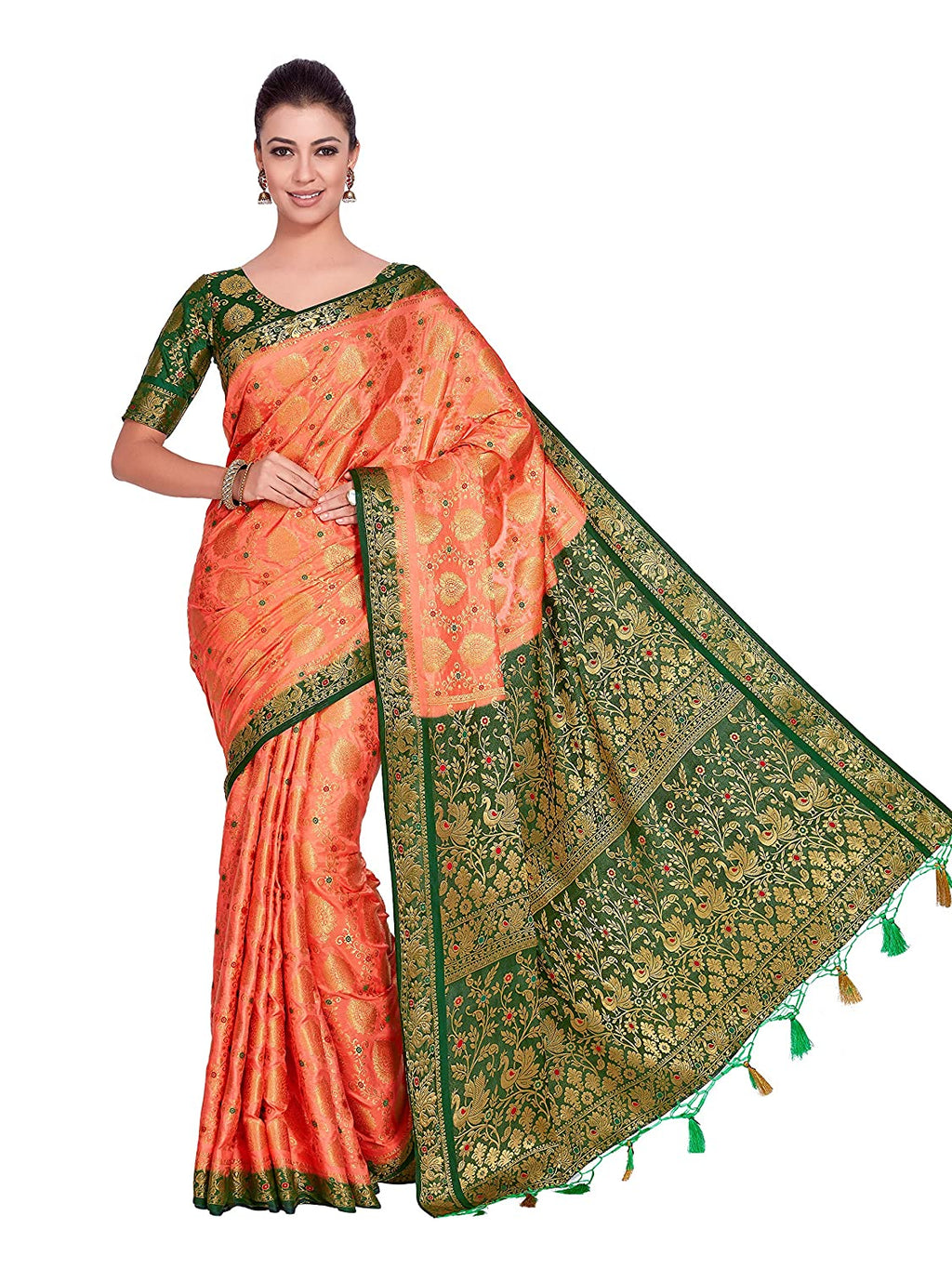 Mimosa Women's Orange Art Silk Kanjivaram Pattu Style Saree With Contrast Blouse