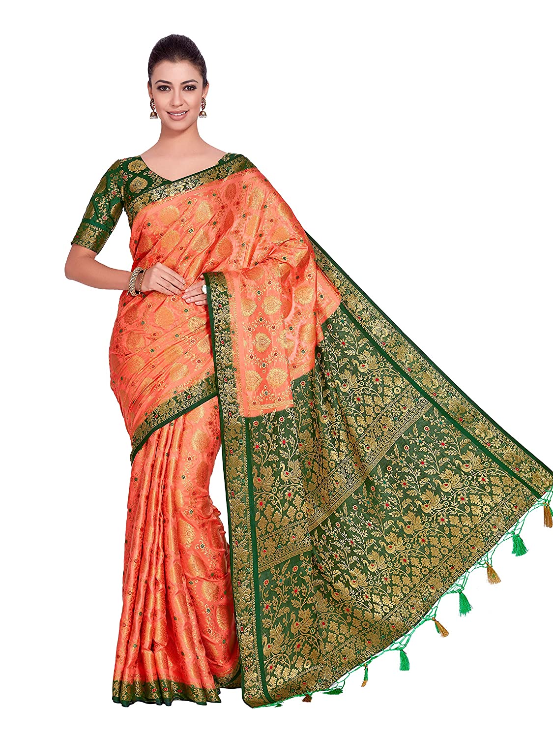 Mimosa Women's Orange Art Silk Kanjivaram Pattu Style Saree With Contrast Blouse