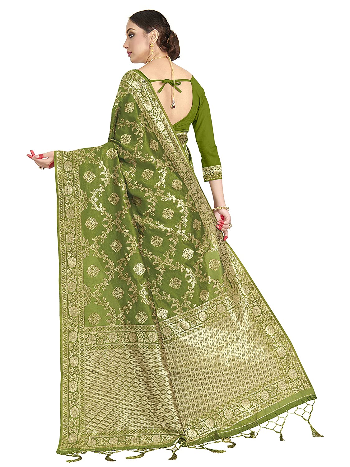 Vardha Women's Olive Green Banarasi Art Silk Saree