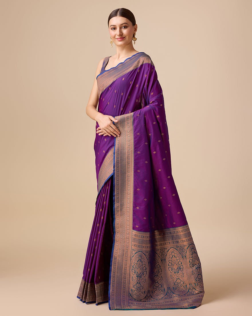 Monjolika Fashion Elegant Dark Purple Banarasi With Intricate Zari Work With Rich Brocade Patterns Silk Saree