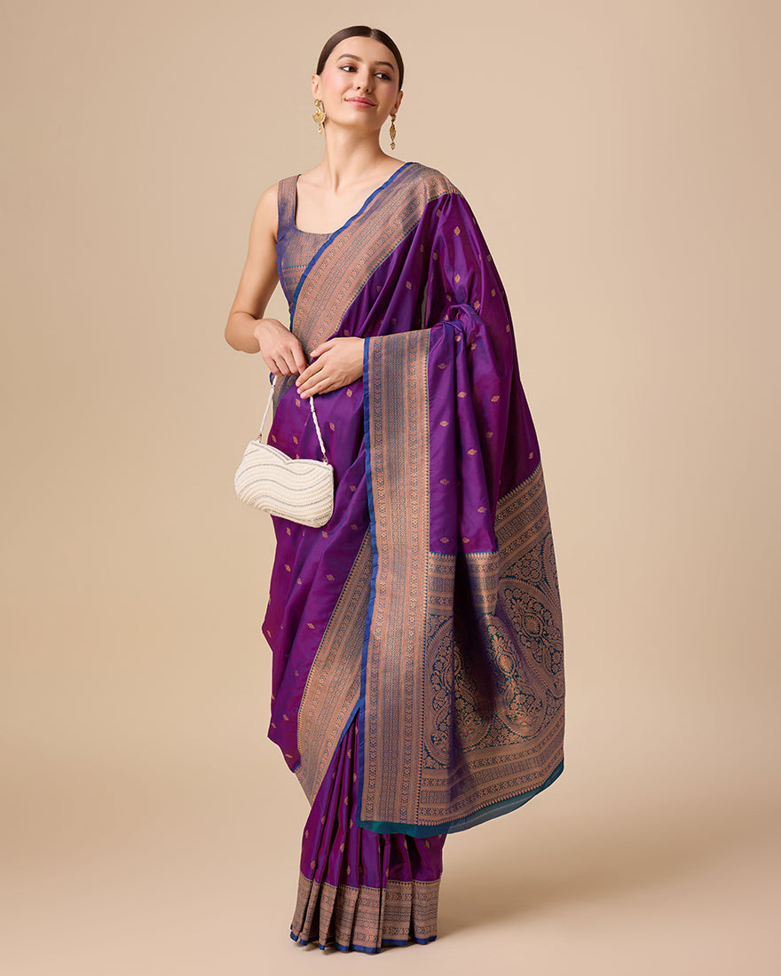 Monjolika Fashion Elegant Dark Purple Banarasi With Intricate Zari Work With Rich Brocade Patterns Silk Saree