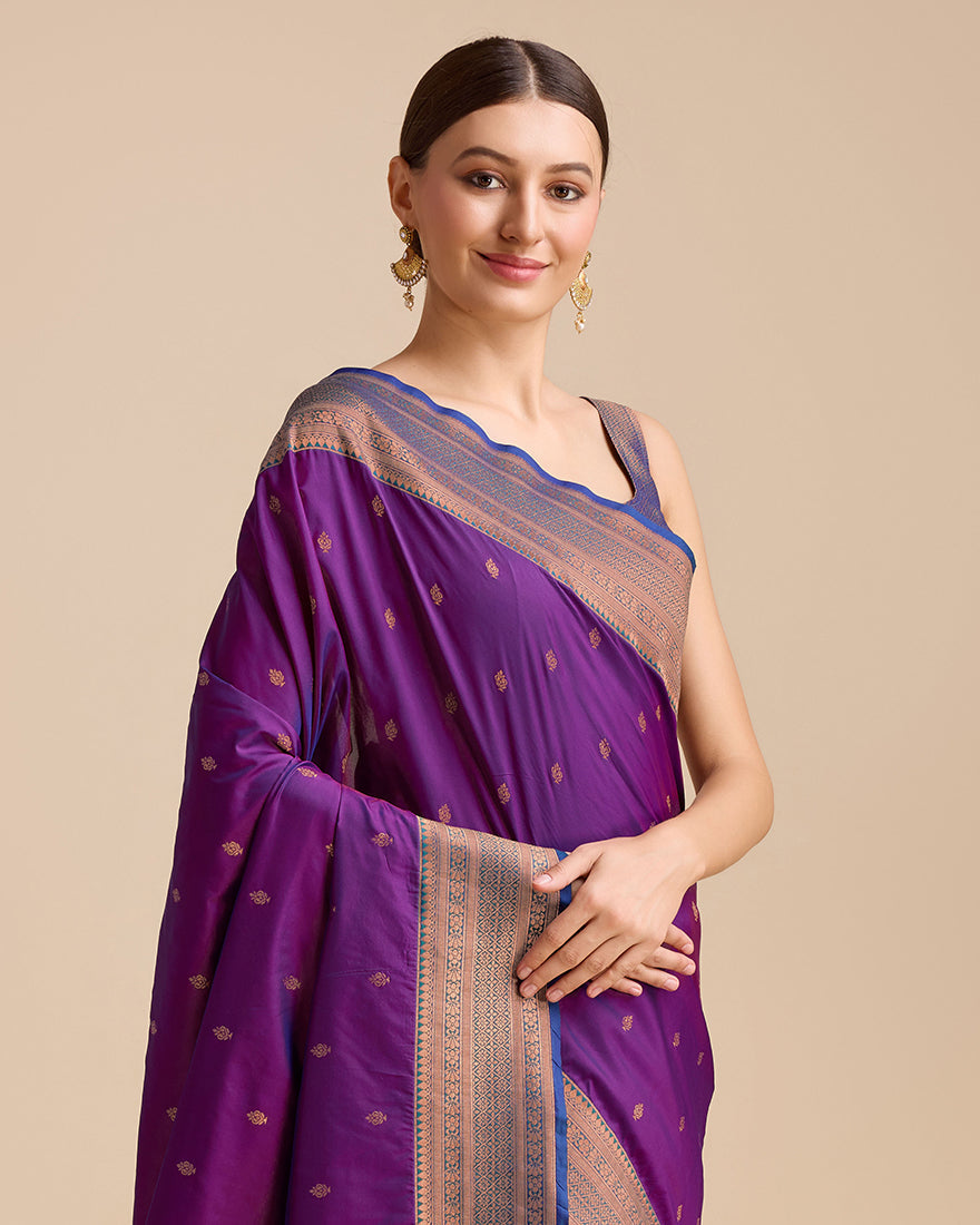 Monjolika Fashion Elegant Dark Purple Banarasi With Intricate Zari Work With Rich Brocade Patterns Silk Saree