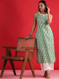 Indo Era Geometric Printed Round Neck Sleeveless Gotta Patti Cotton Straight Kurta