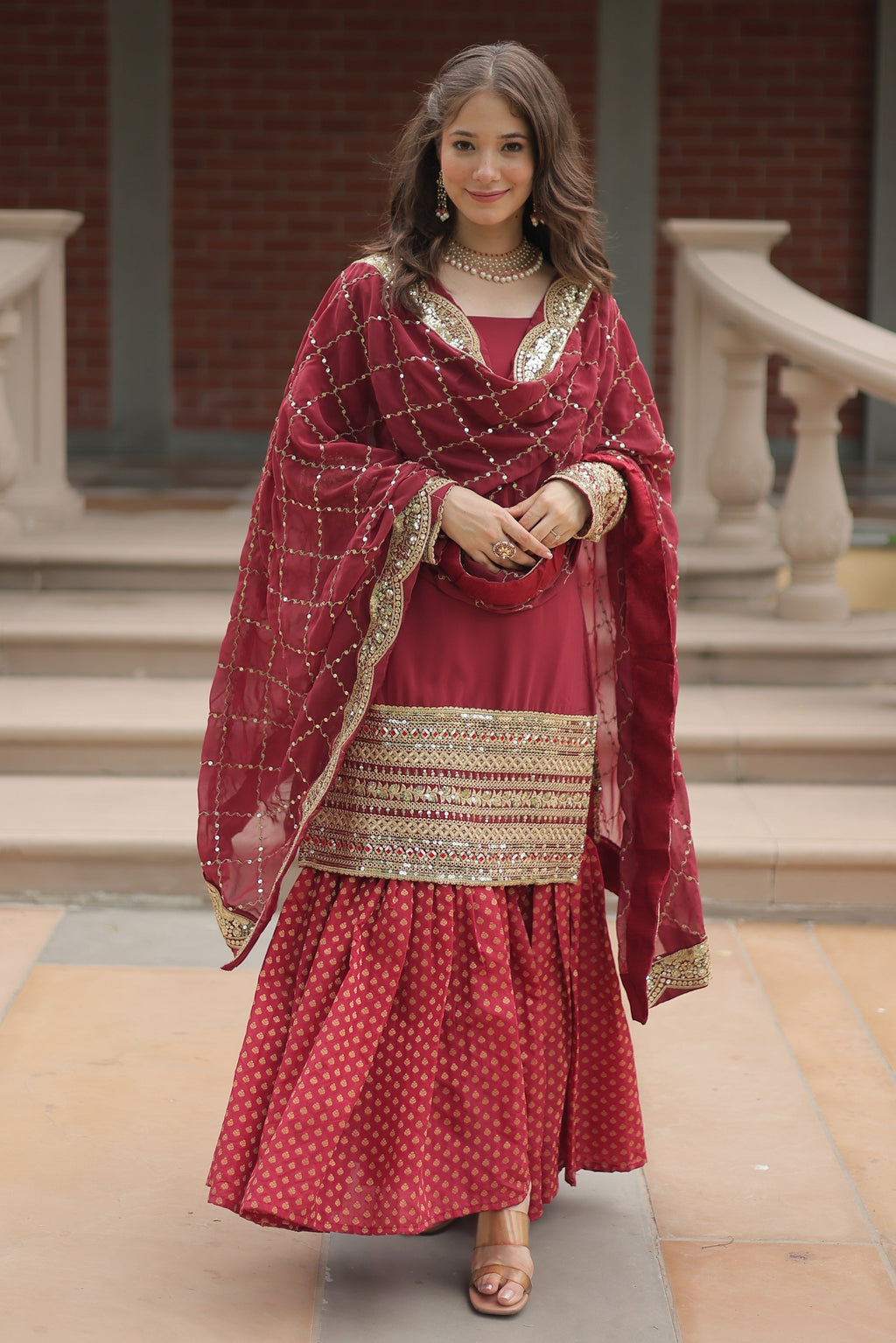 Vedant Vastram Heavy Embroidery & Sequins Work Pure Georgette Top Sharara Set With Dupatta - Maroon