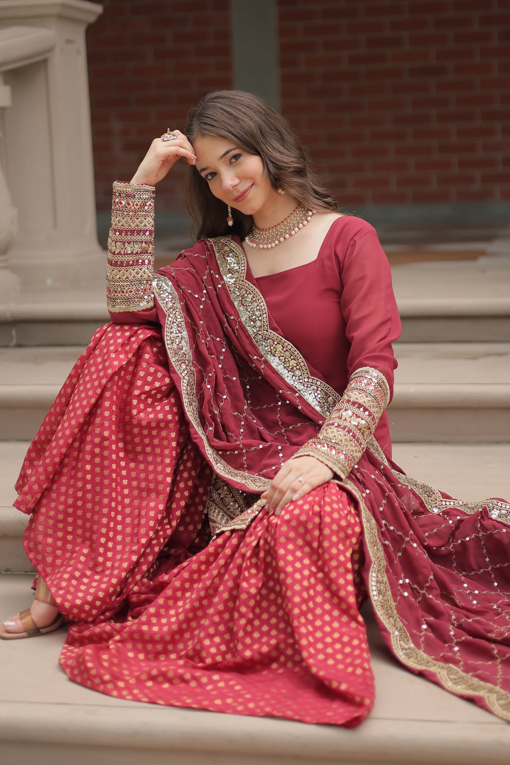 Vedant Vastram Heavy Embroidery & Sequins Work Pure Georgette Top Sharara Set With Dupatta - Maroon