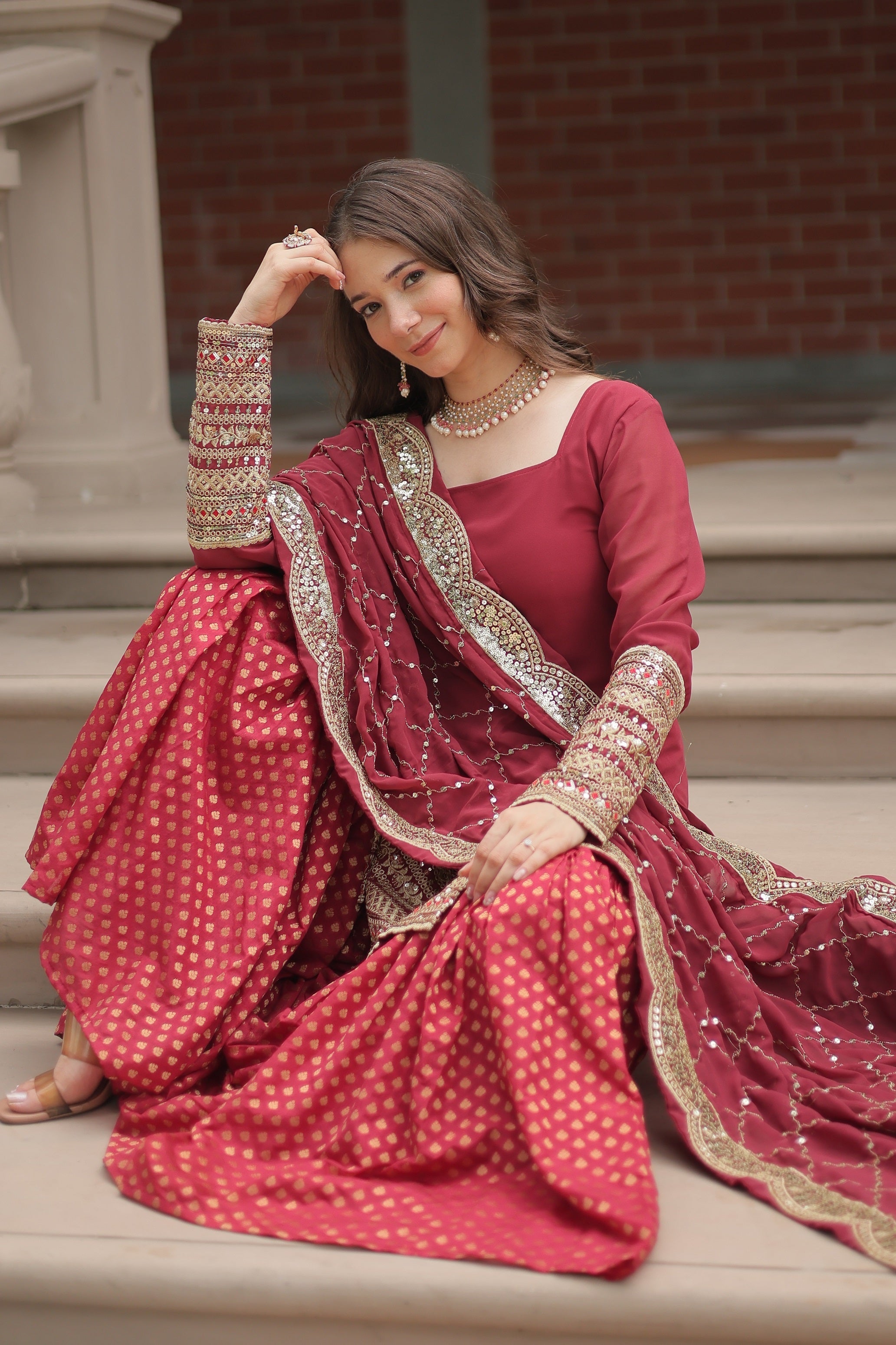 Vedant Vastram Heavy Embroidery & Sequins Work Pure Georgette Top Sharara Set With Dupatta - Maroon