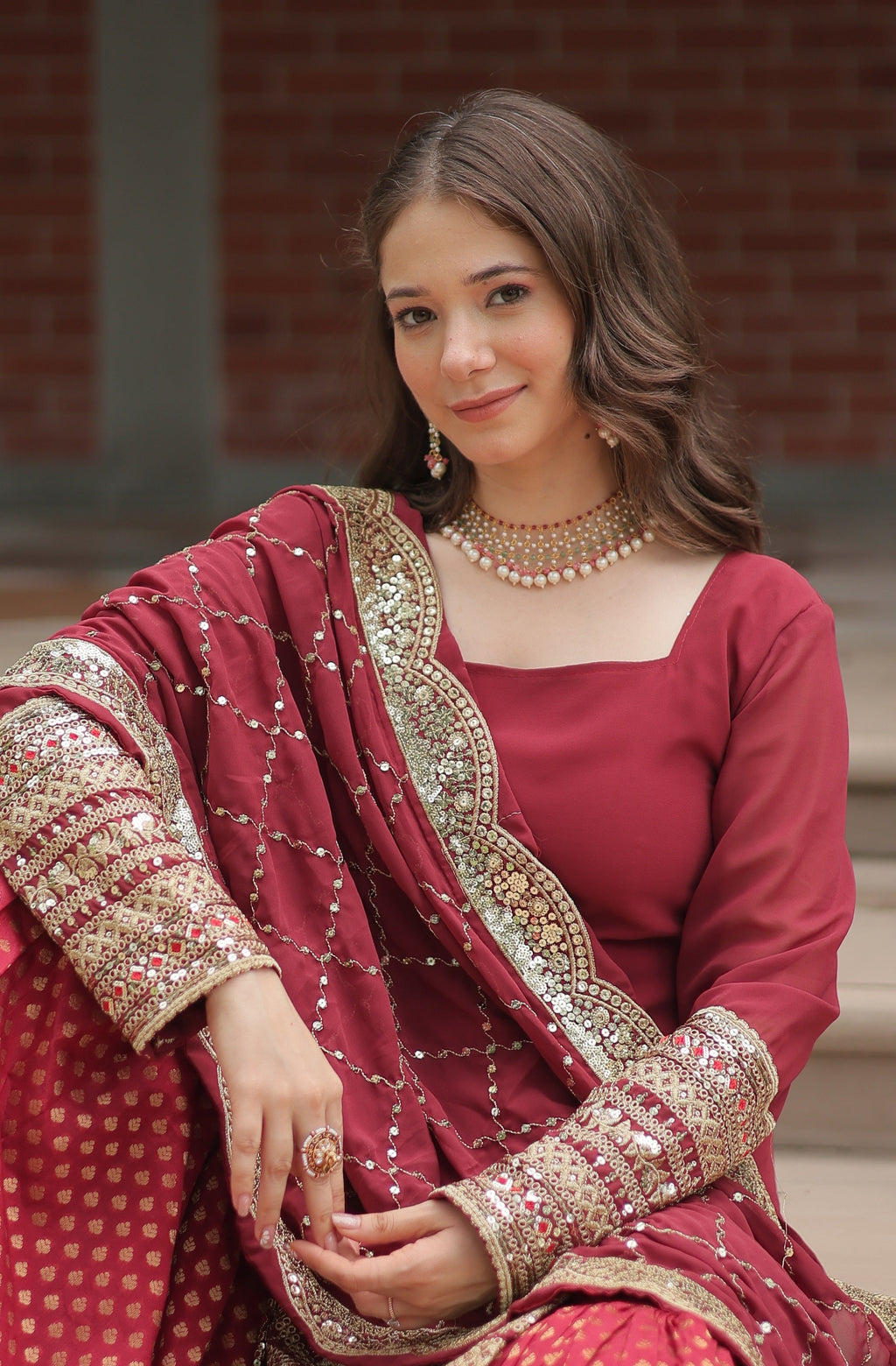 Vedant Vastram Heavy Embroidery & Sequins Work Pure Georgette Top Sharara Set With Dupatta - Maroon