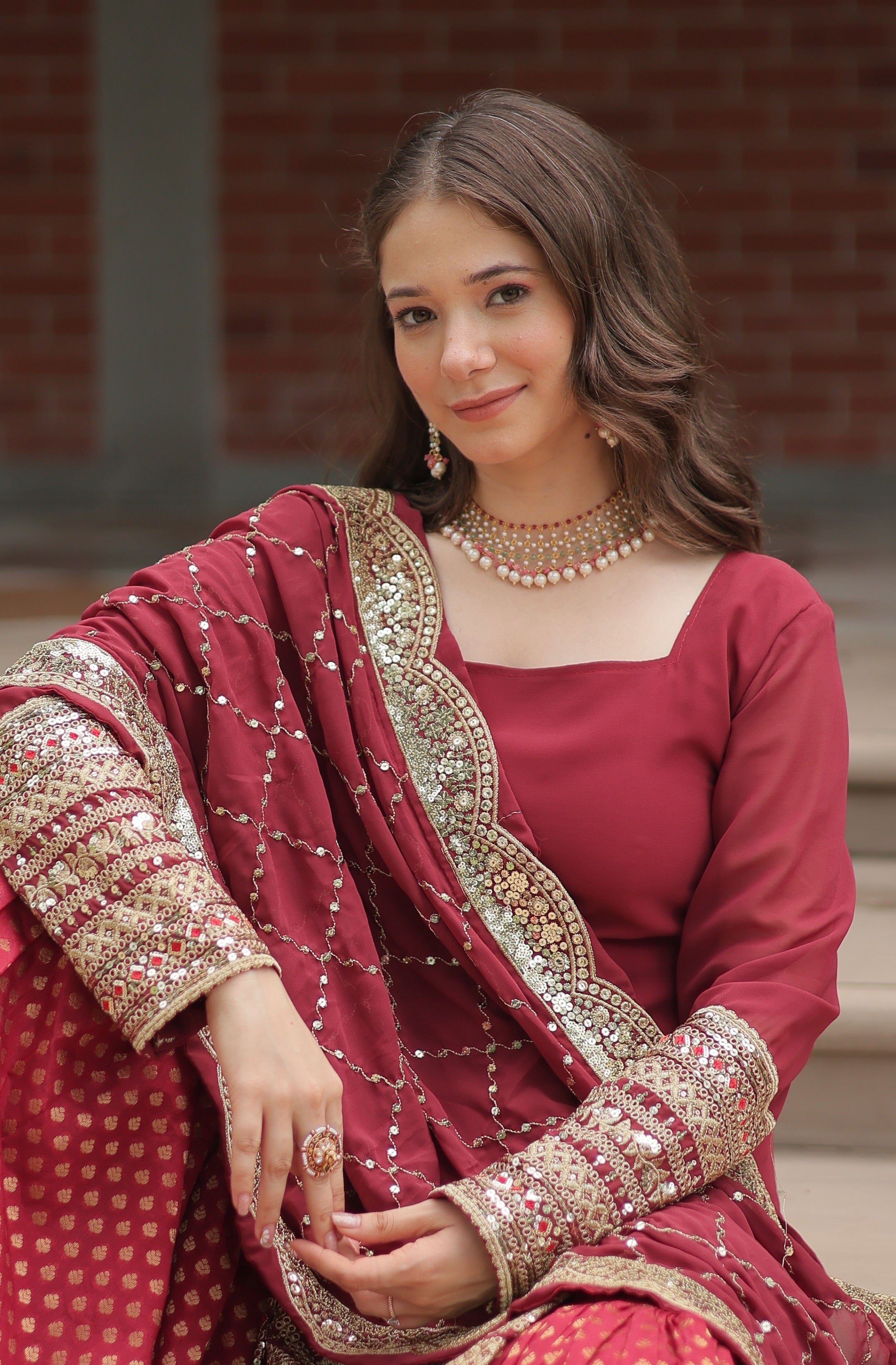 Vedant Vastram Heavy Embroidery & Sequins Work Pure Georgette Top Sharara Set With Dupatta - Maroon