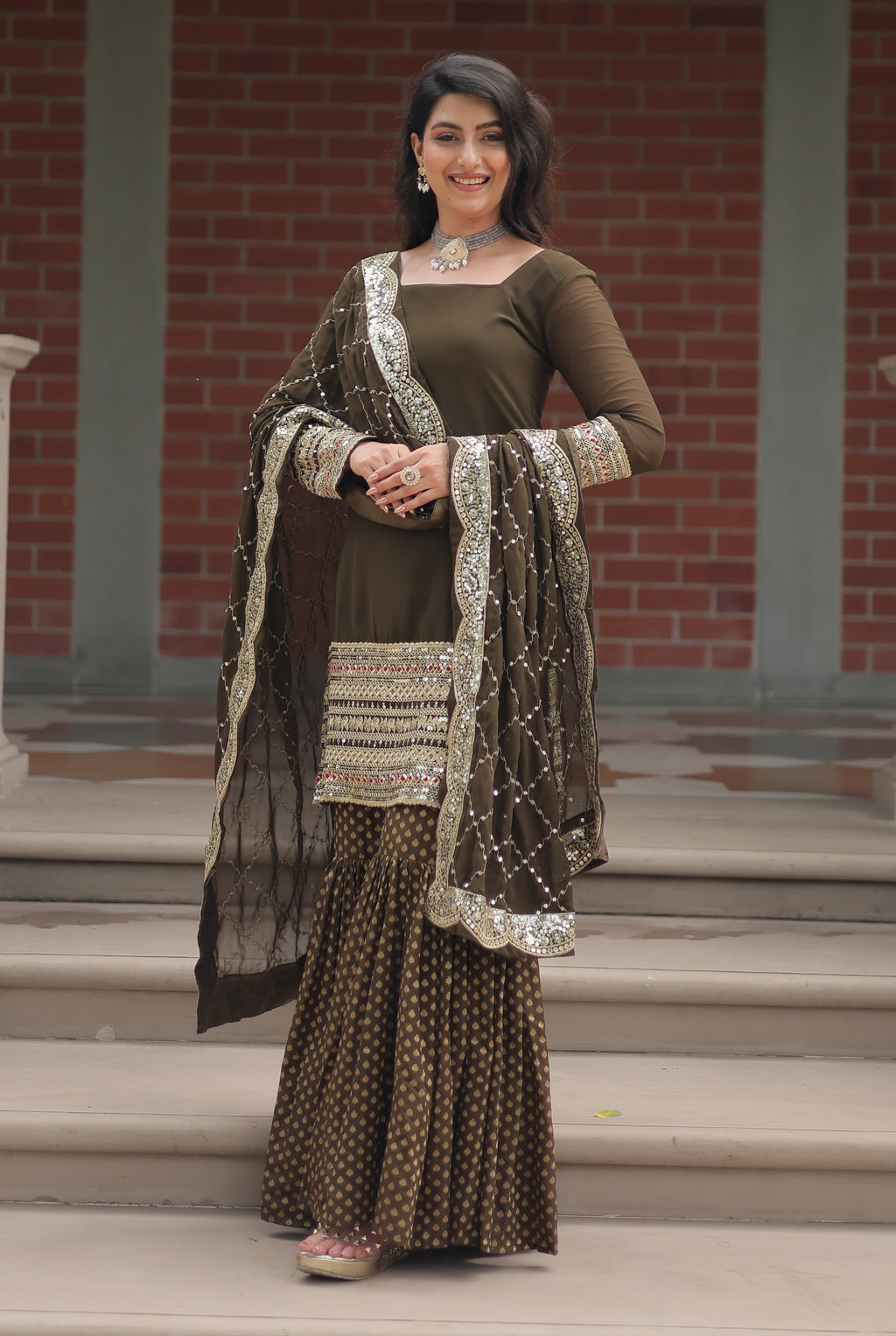 Vedant Vastram Heavy Embroidery & Sequins Work Pure Georgette Top Sharara Set With Dupatta - Mehendi