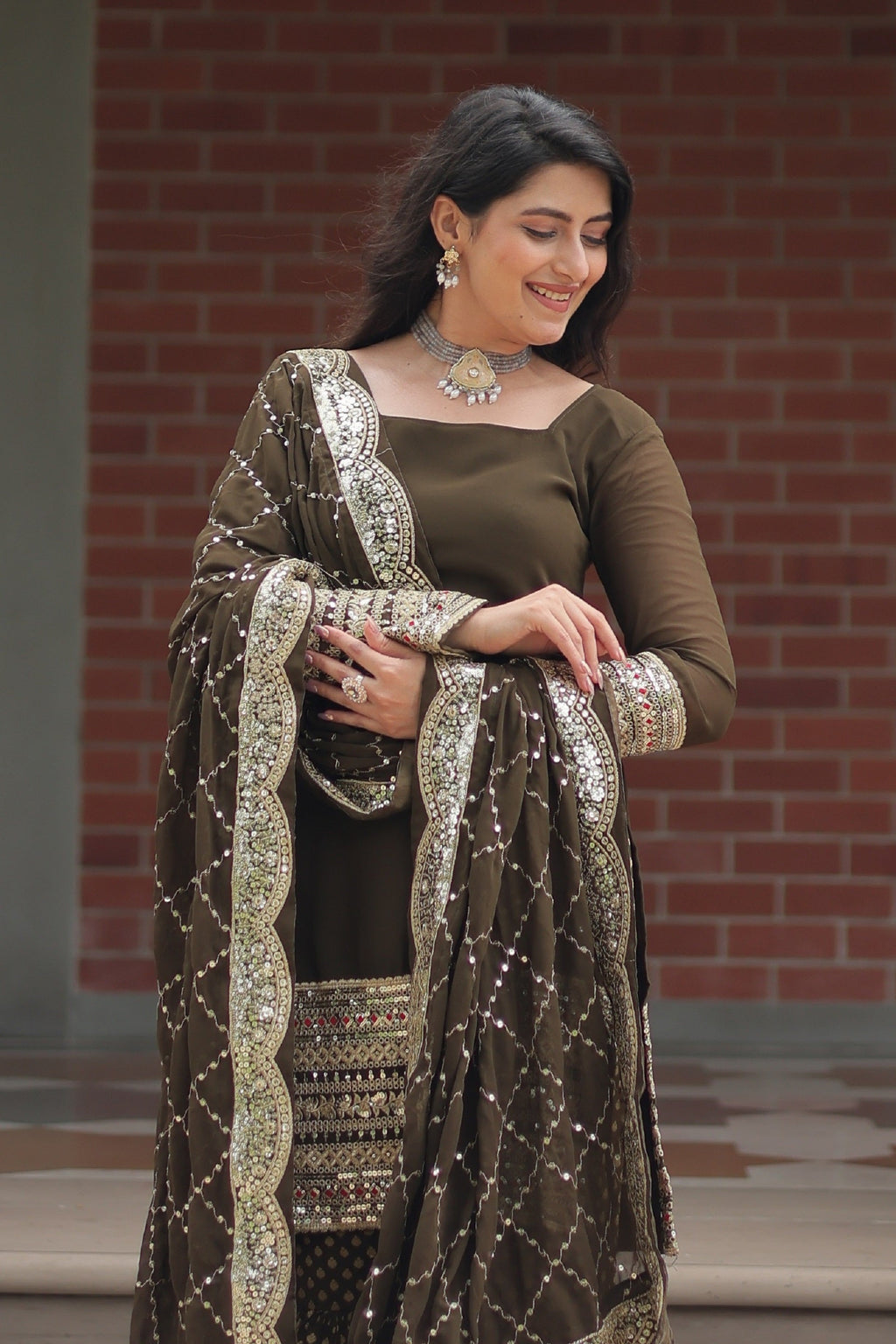 Vedant Vastram Heavy Embroidery & Sequins Work Pure Georgette Top Sharara Set With Dupatta - Mehendi
