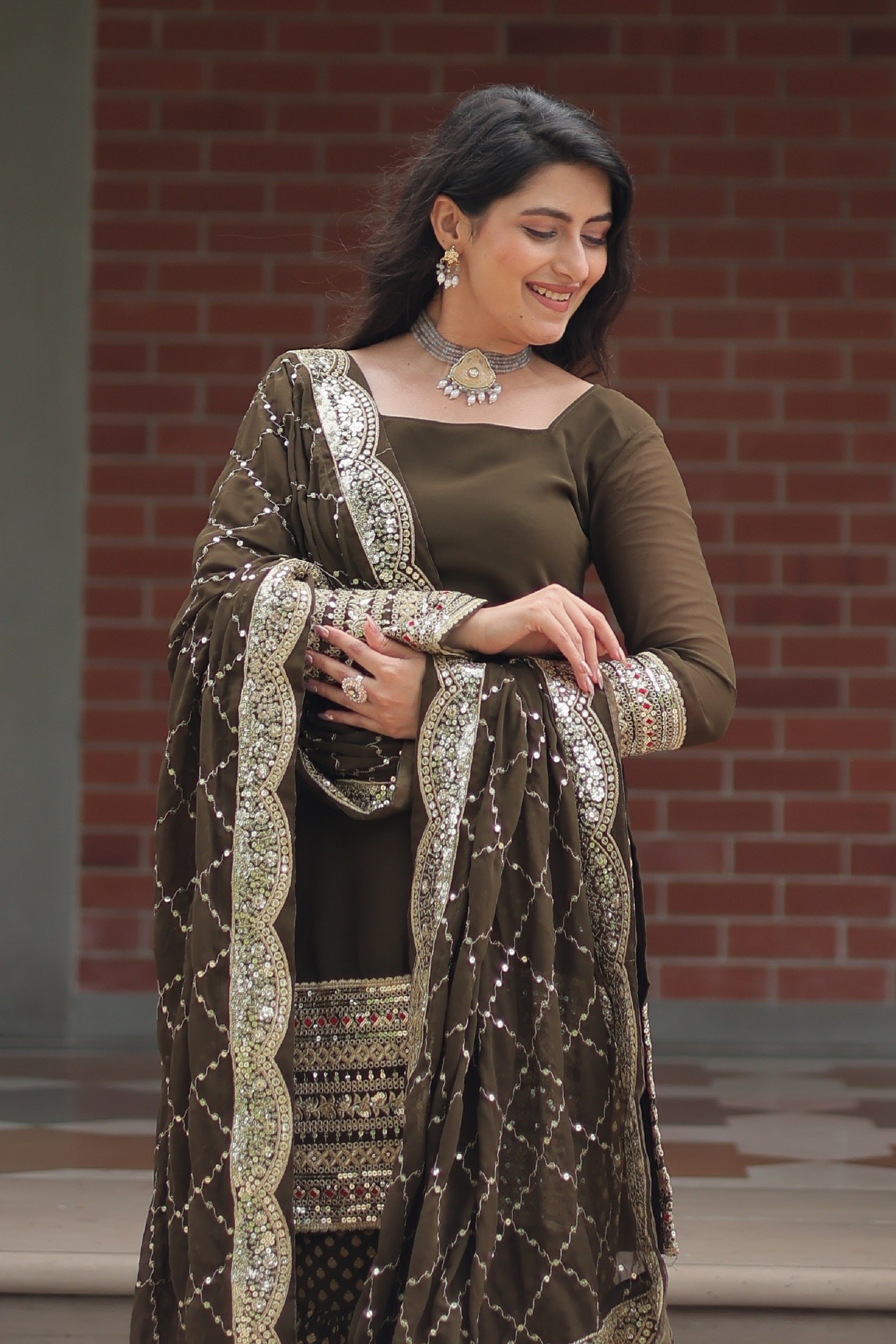 Vedant Vastram Heavy Embroidery & Sequins Work Pure Georgette Top Sharara Set With Dupatta - Mehendi
