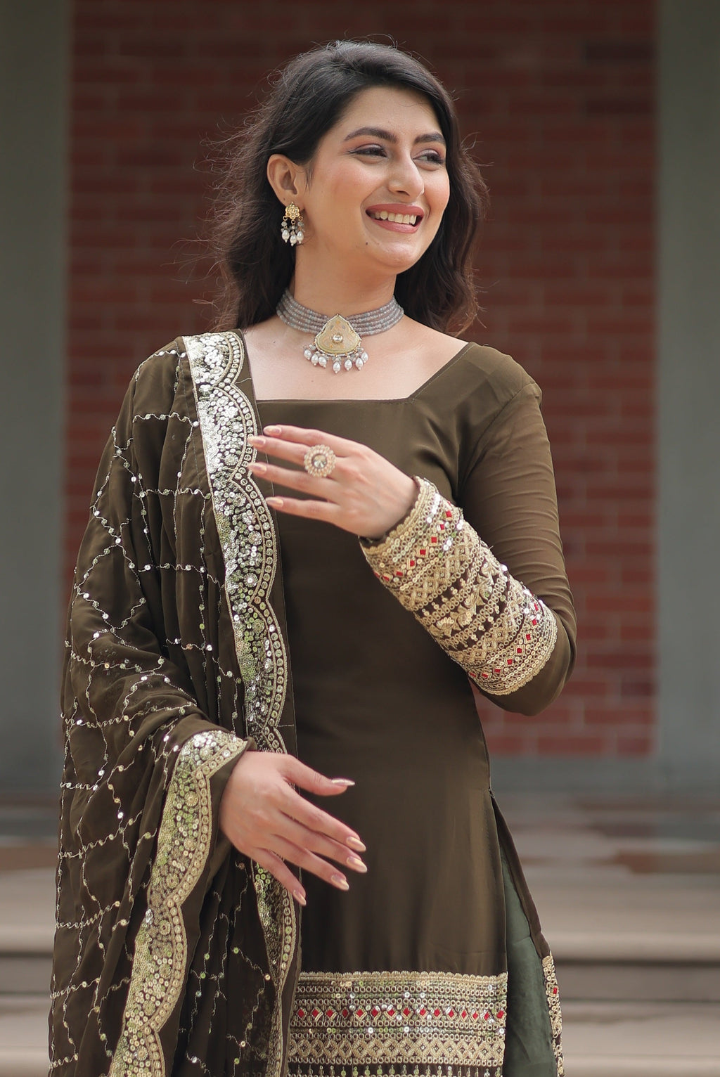 Vedant Vastram Heavy Embroidery & Sequins Work Pure Georgette Top Sharara Set With Dupatta - Mehendi