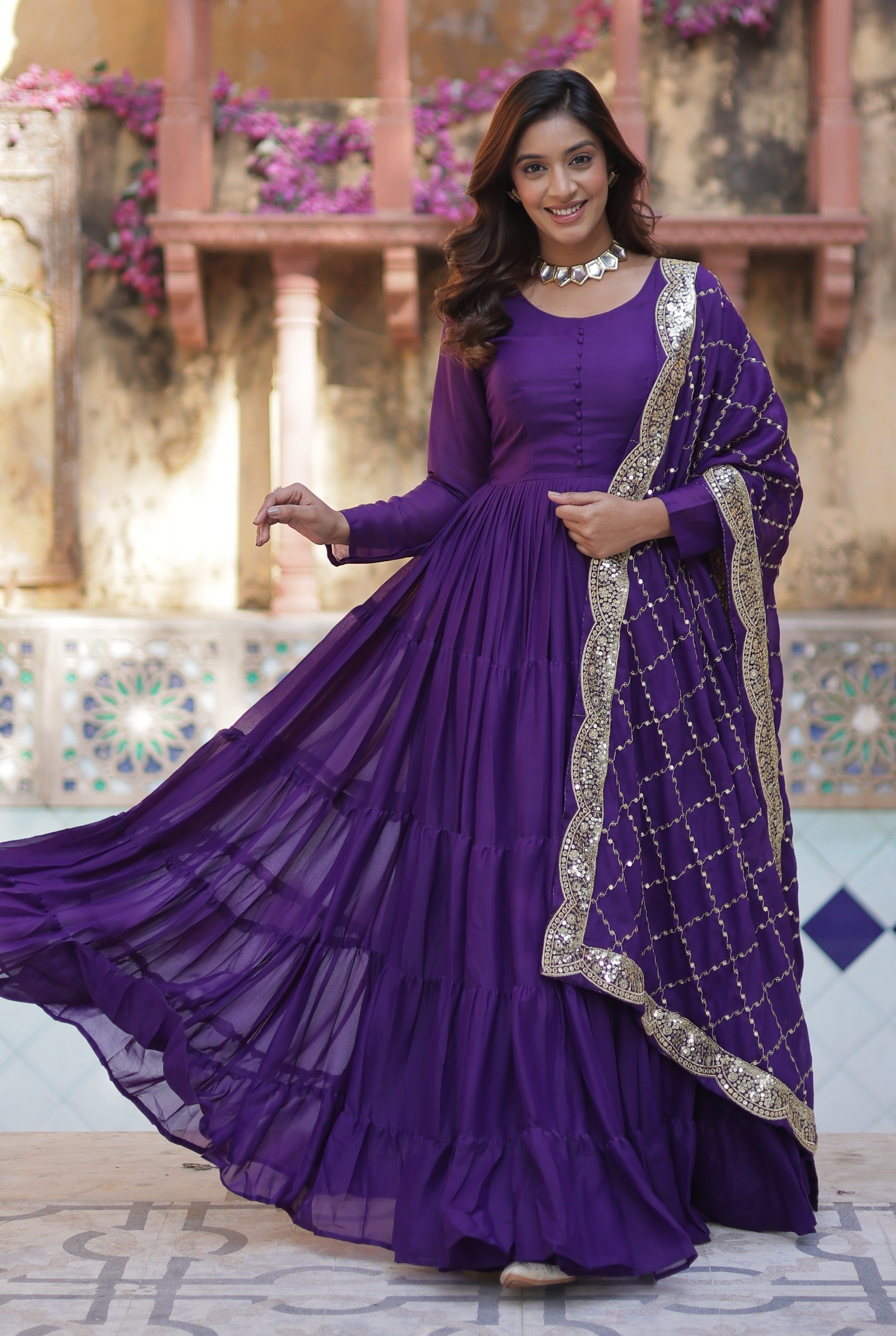 Vedant Vastram Heavy Embroidery & Sequins Work Pure Georgette Gown With Dupatta - Violet