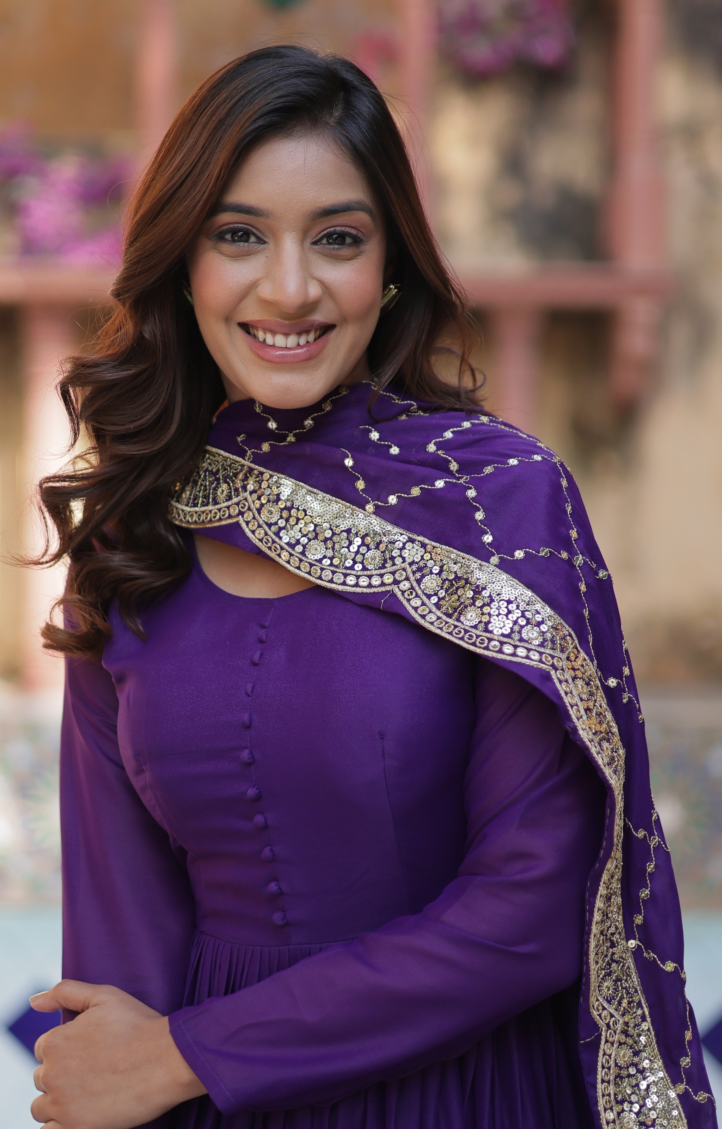 Vedant Vastram Heavy Embroidery & Sequins Work Pure Georgette Gown With Dupatta - Violet
