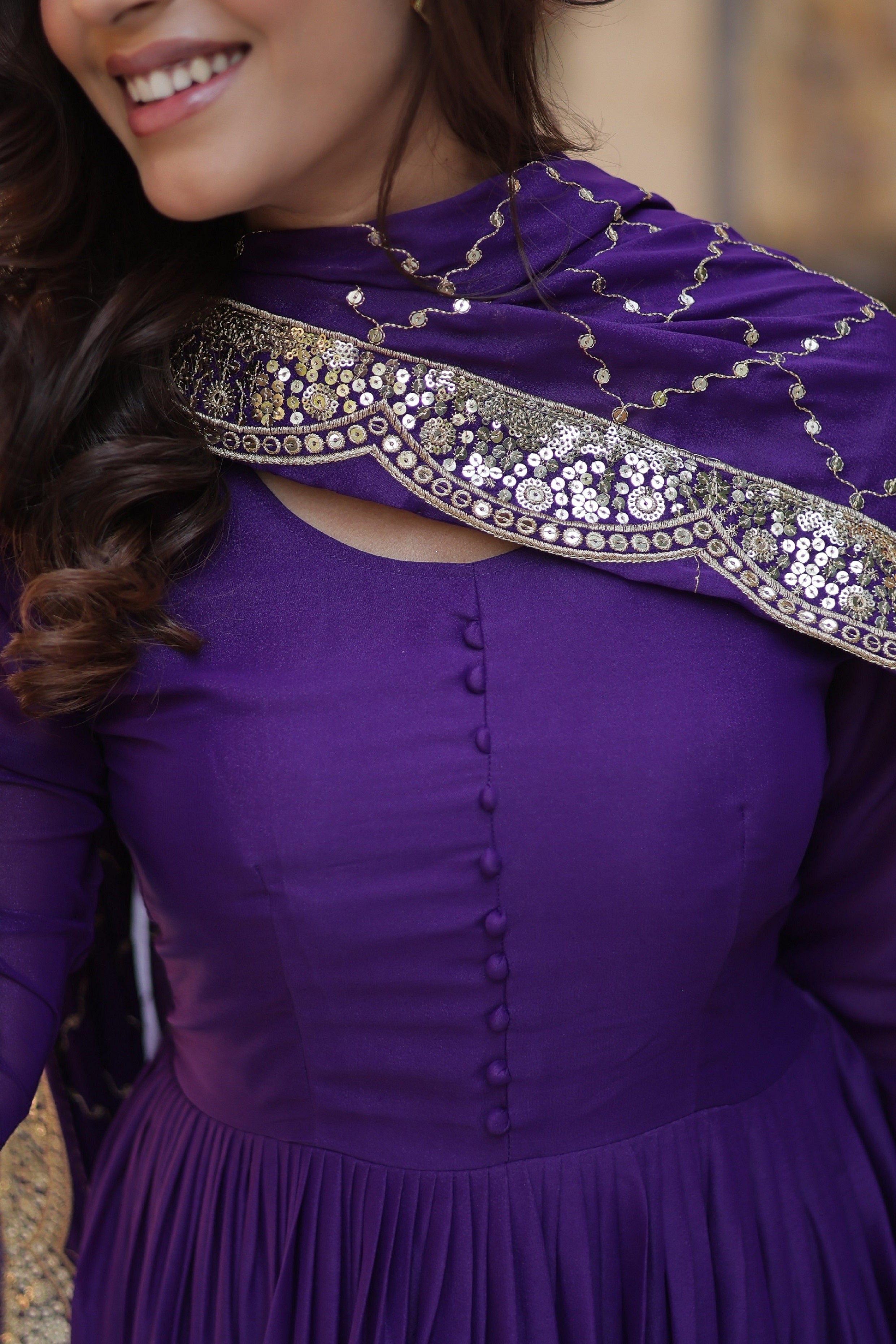 Vedant Vastram Heavy Embroidery & Sequins Work Pure Georgette Gown With Dupatta - Violet
