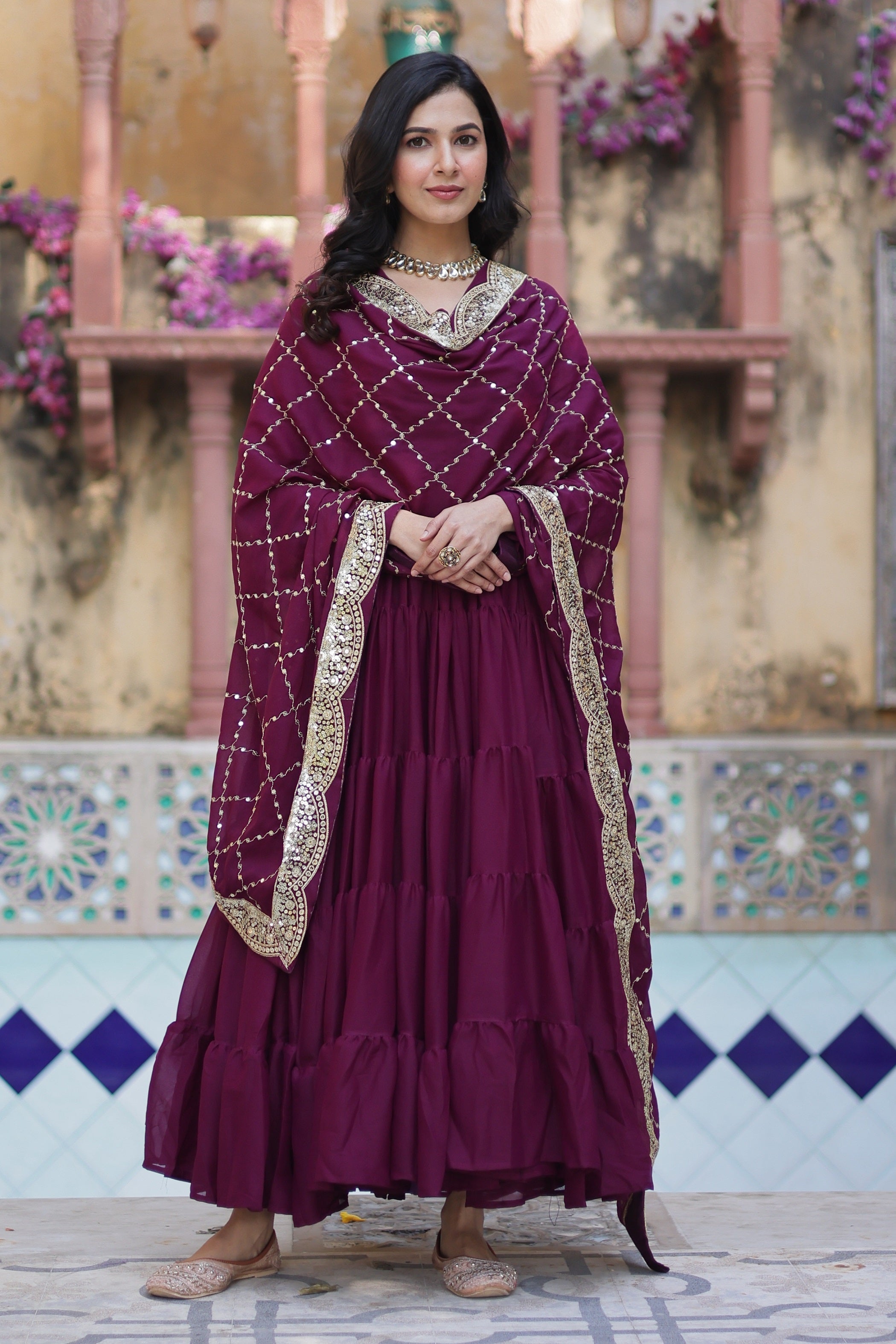 Vedant Vastram Heavy Embroidery & Sequins Work Pure Georgette Gown With Dupatta - Wine