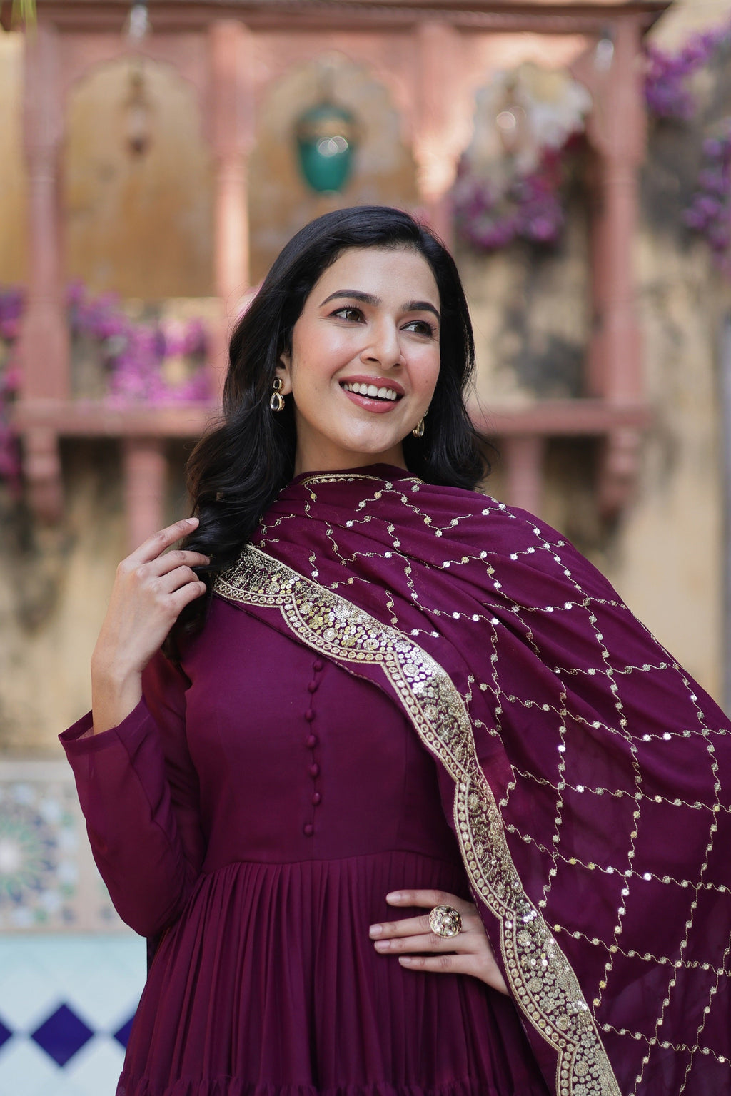 Vedant Vastram Heavy Embroidery & Sequins Work Pure Georgette Gown With Dupatta - Wine