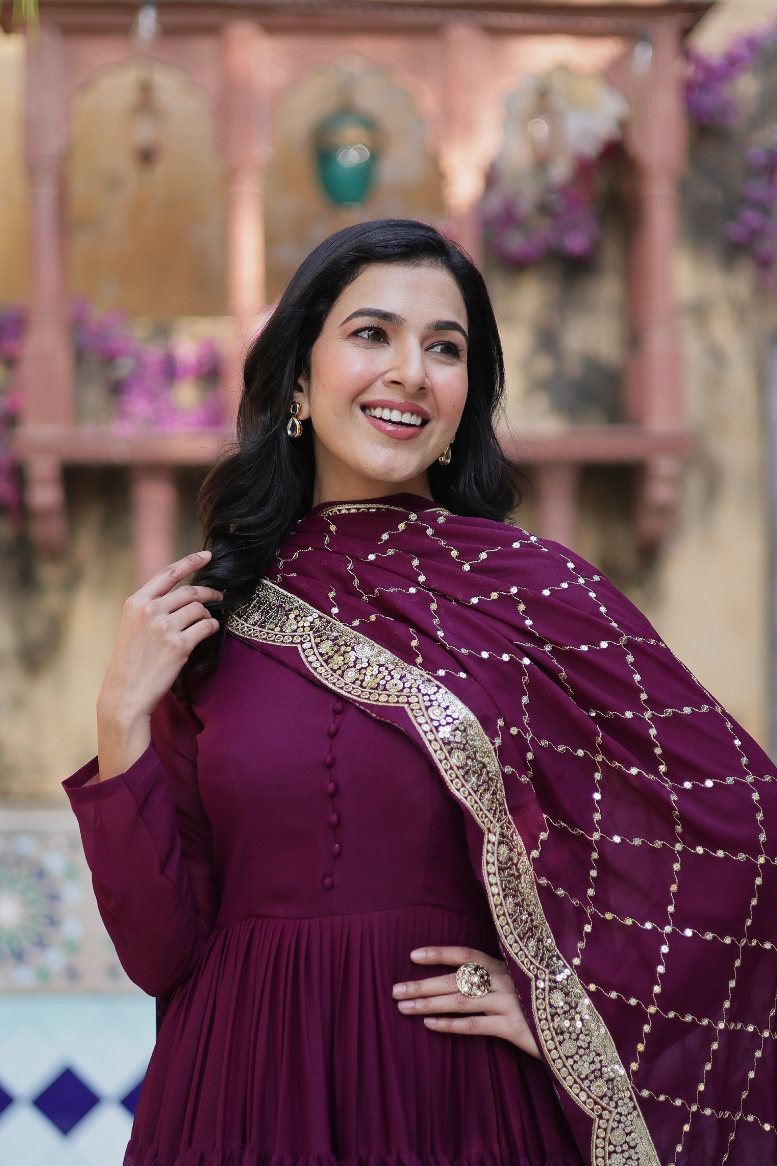 Vedant Vastram Heavy Embroidery & Sequins Work Pure Georgette Gown With Dupatta - Wine