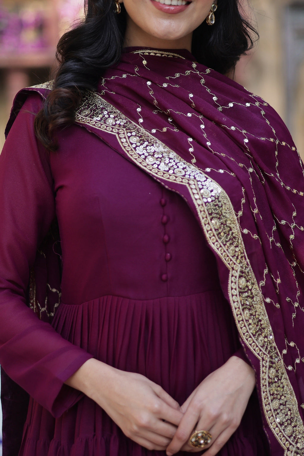 Vedant Vastram Heavy Embroidery & Sequins Work Pure Georgette Gown With Dupatta - Wine