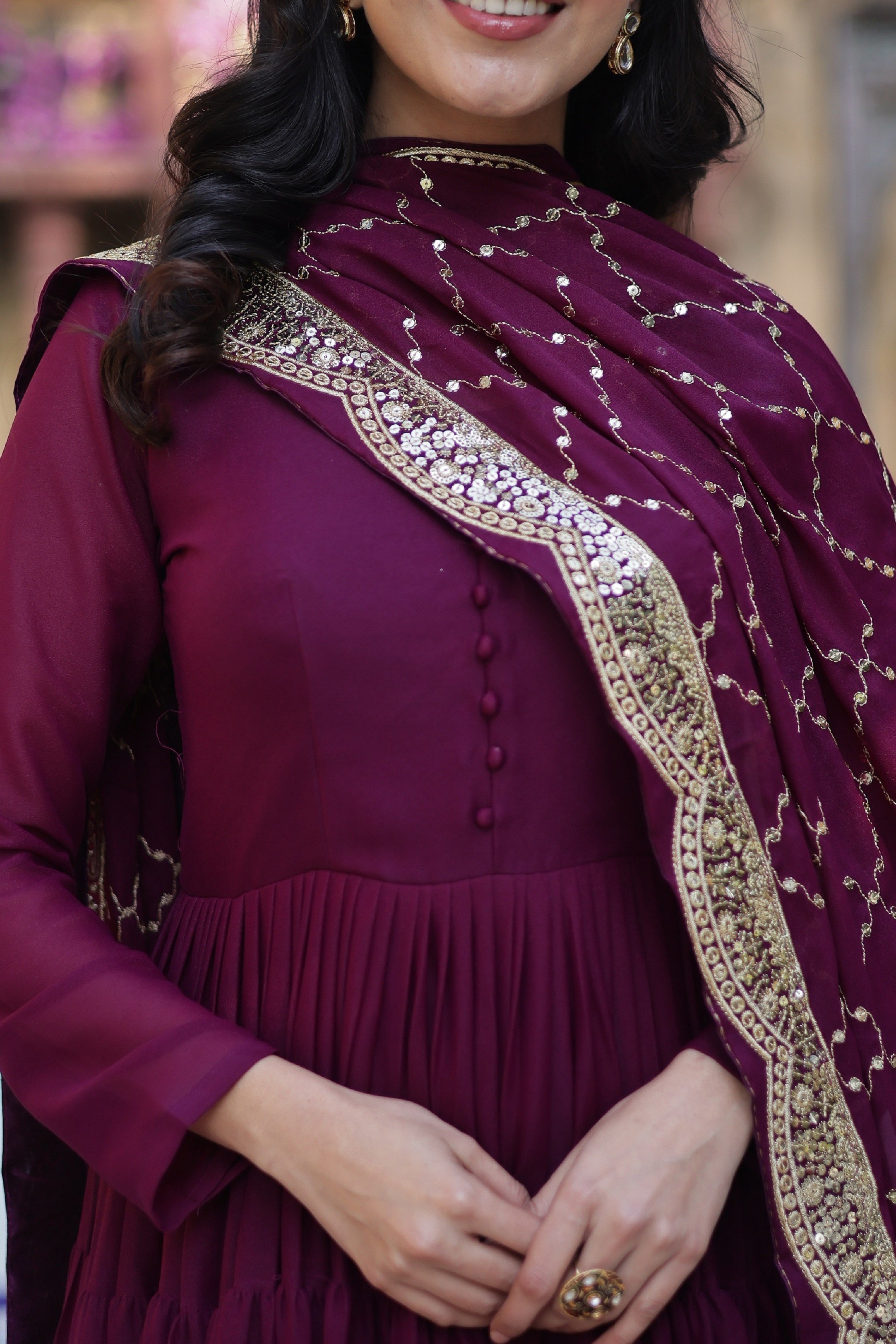 Vedant Vastram Heavy Embroidery & Sequins Work Pure Georgette Gown With Dupatta - Wine