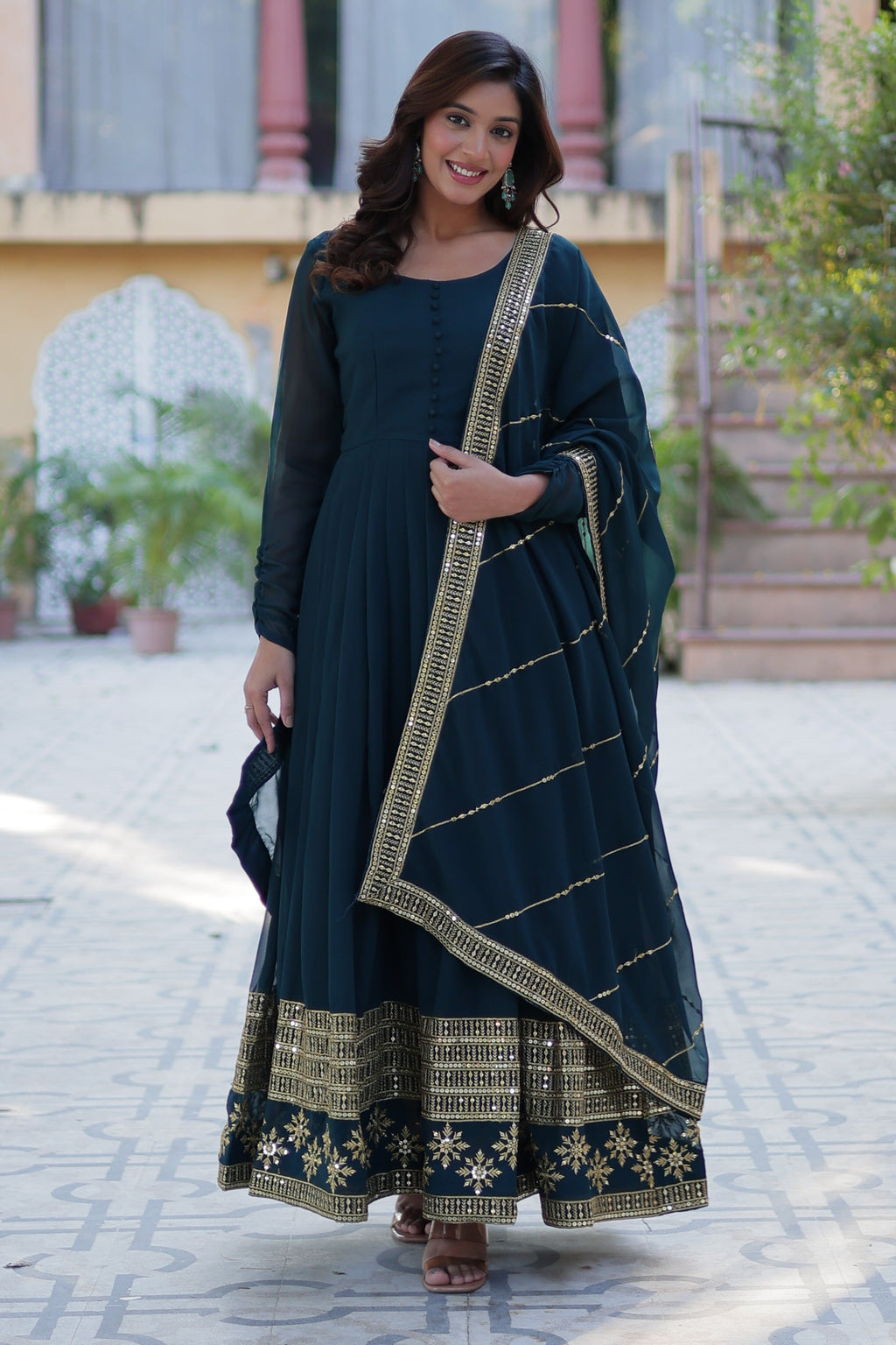 Vedant Vastram Heavy Embroidery & Sequins Work Pure Georgette Gown With Dupatta - Rama Blue