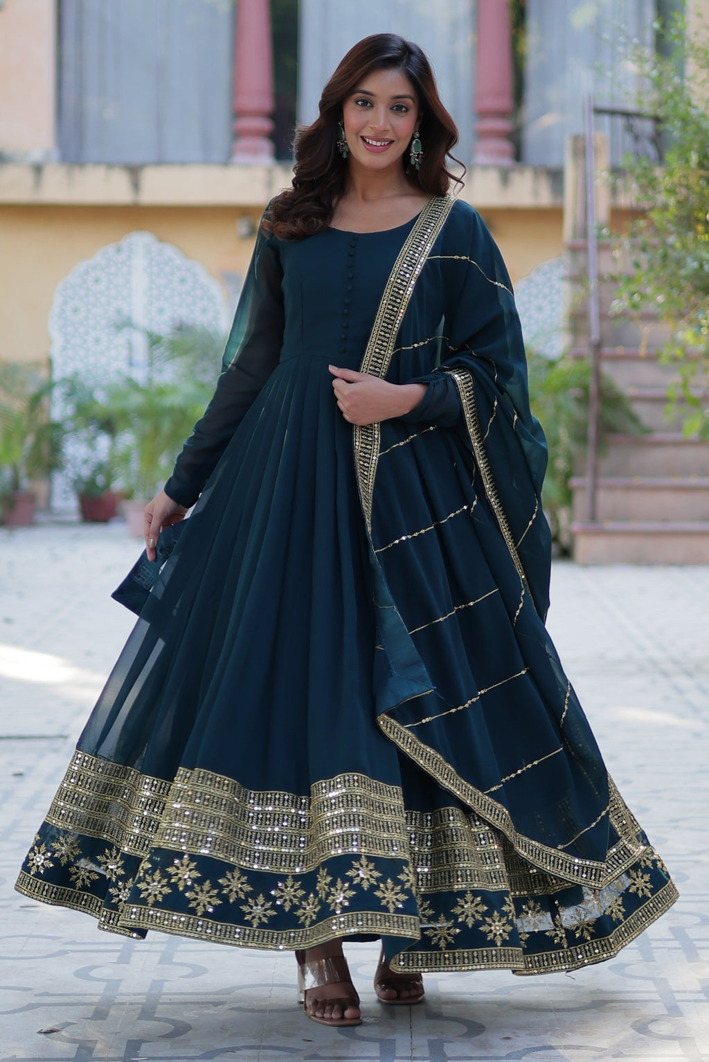 Vedant Vastram Heavy Embroidery & Sequins Work Pure Georgette Gown With Dupatta - Rama Blue