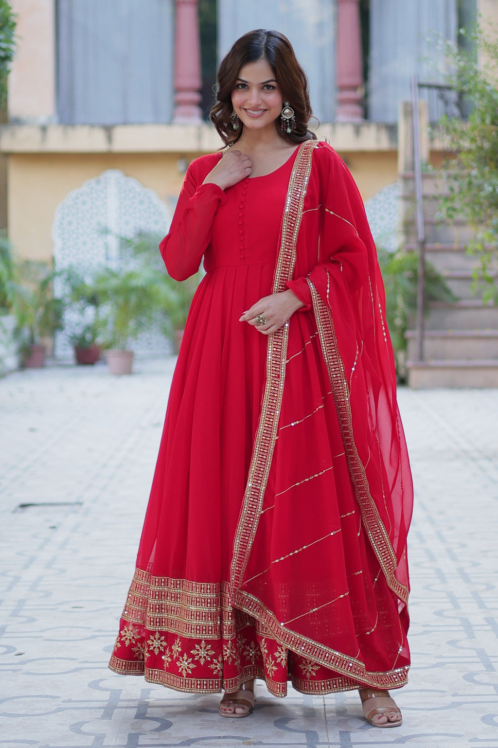 Vedant Vastram Heavy Embroidery & Sequins Work Pure Georgette Gown With Dupatta - Red