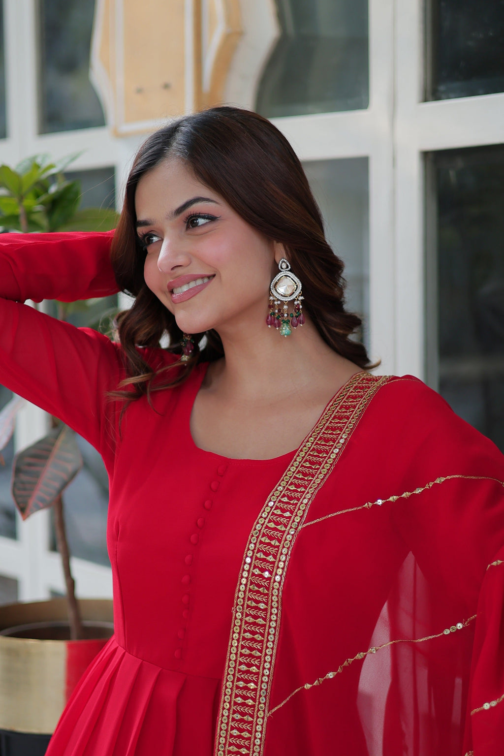 Vedant Vastram Heavy Embroidery & Sequins Work Pure Georgette Gown With Dupatta - Red