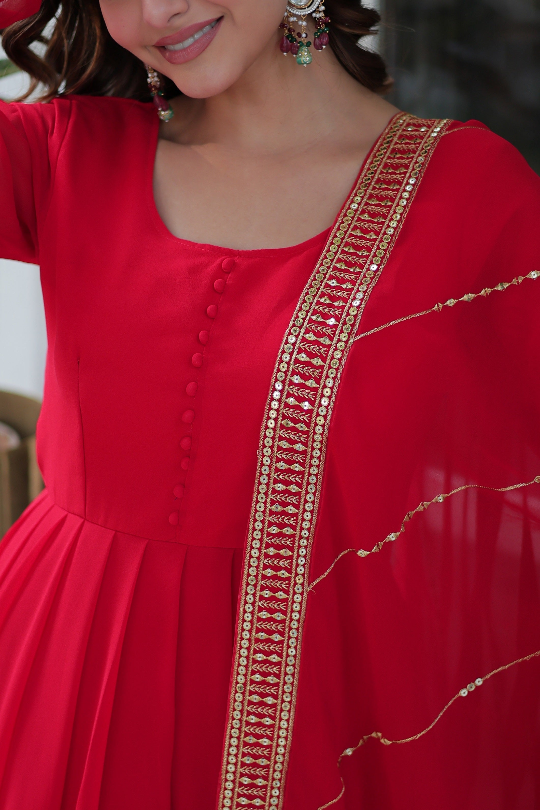 Vedant Vastram Heavy Embroidery & Sequins Work Pure Georgette Gown With Dupatta - Red