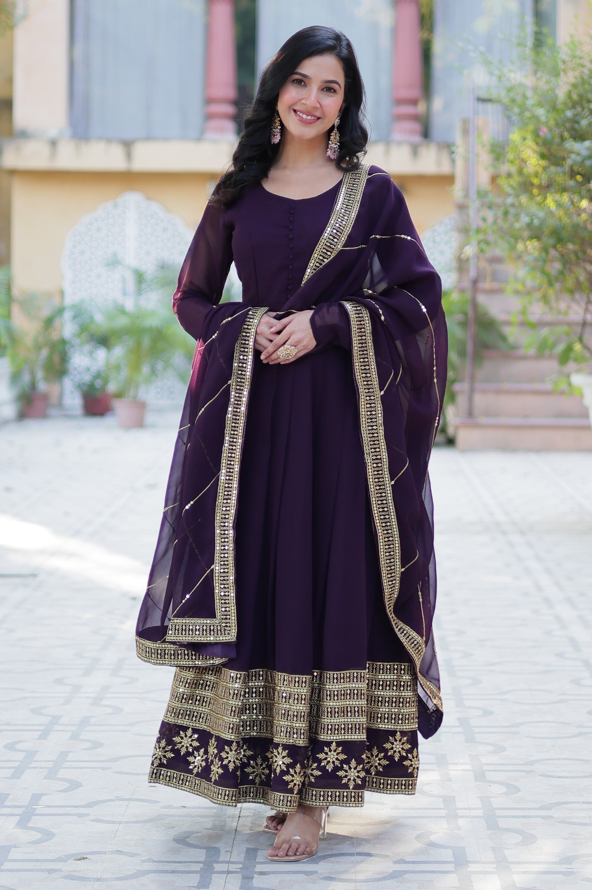 Vedant Vastram Heavy Embroidery & Sequins Work Pure Georgette Gown With Dupatta - Wine