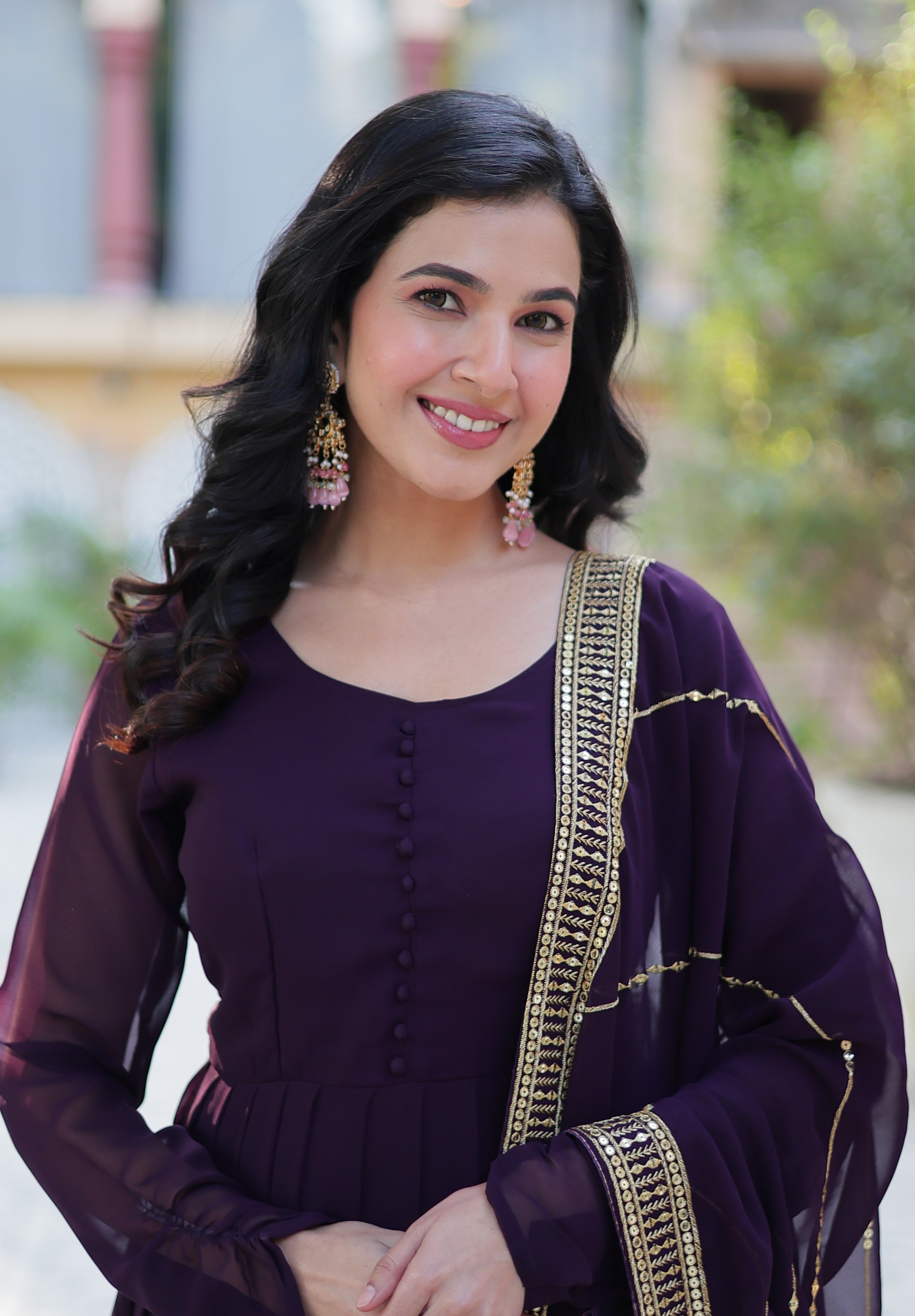 Vedant Vastram Heavy Embroidery & Sequins Work Pure Georgette Gown With Dupatta - Wine