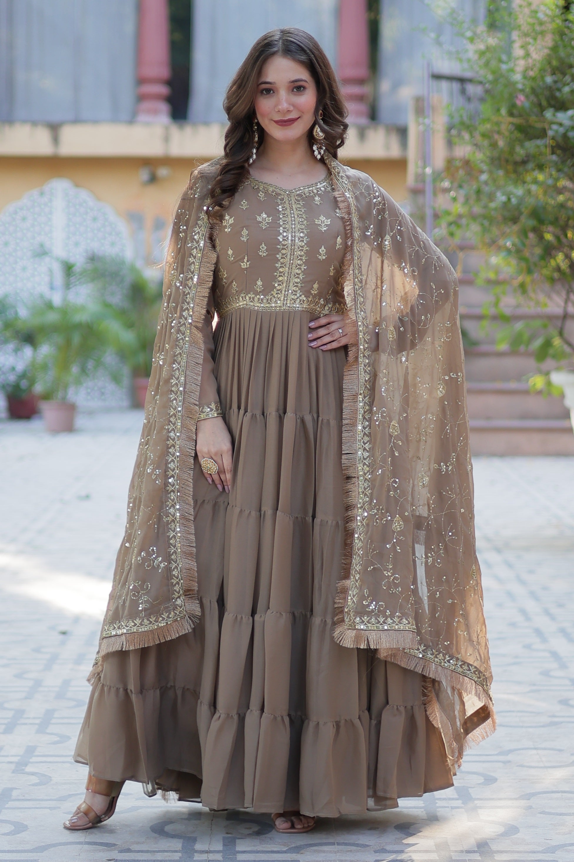 Vedant Vastram Heavy Embroidery & Sequins Work Pure Georgette Gown With Dupatta - Beige