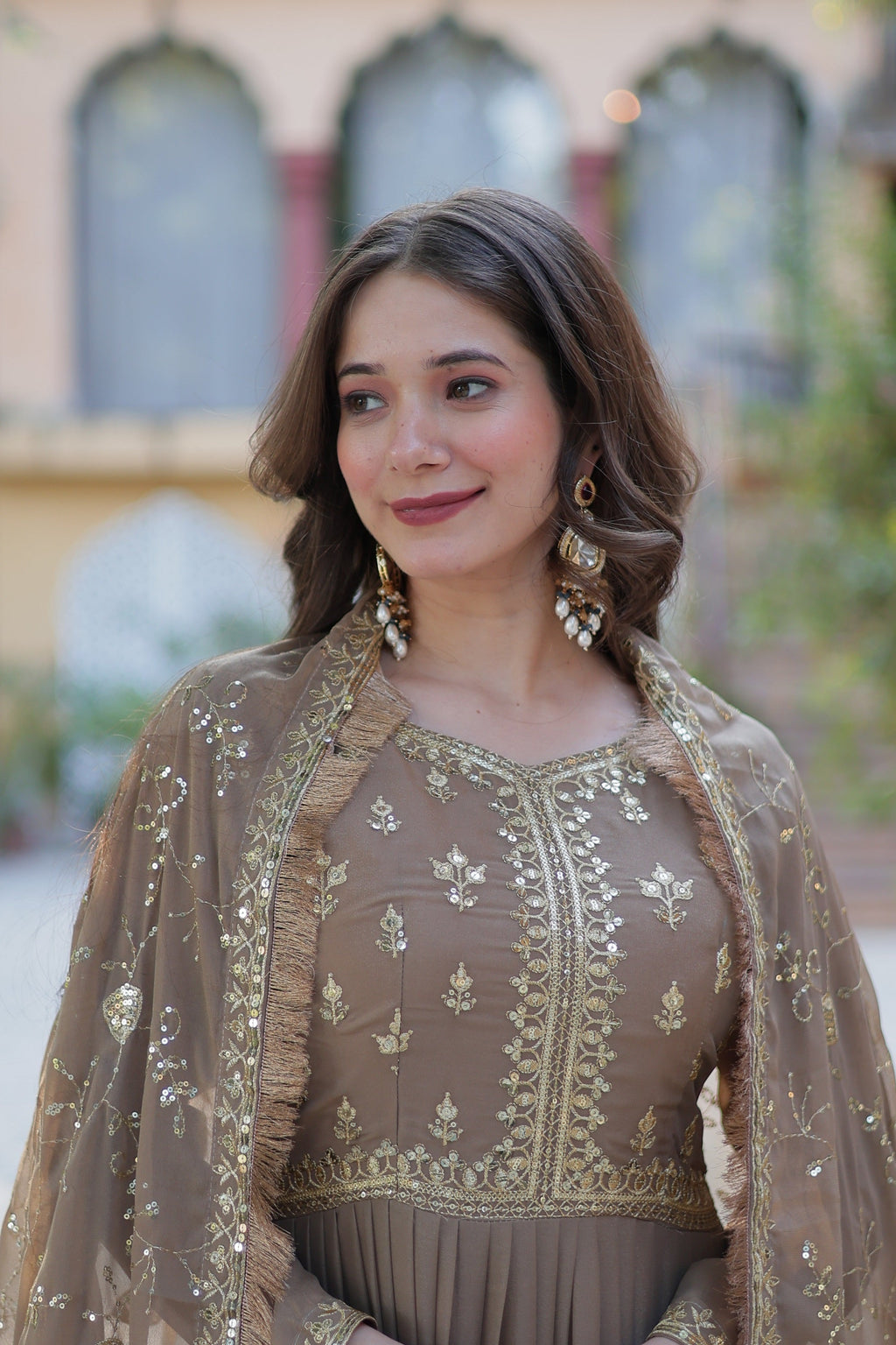 Vedant Vastram Heavy Embroidery & Sequins Work Pure Georgette Gown With Dupatta - Beige