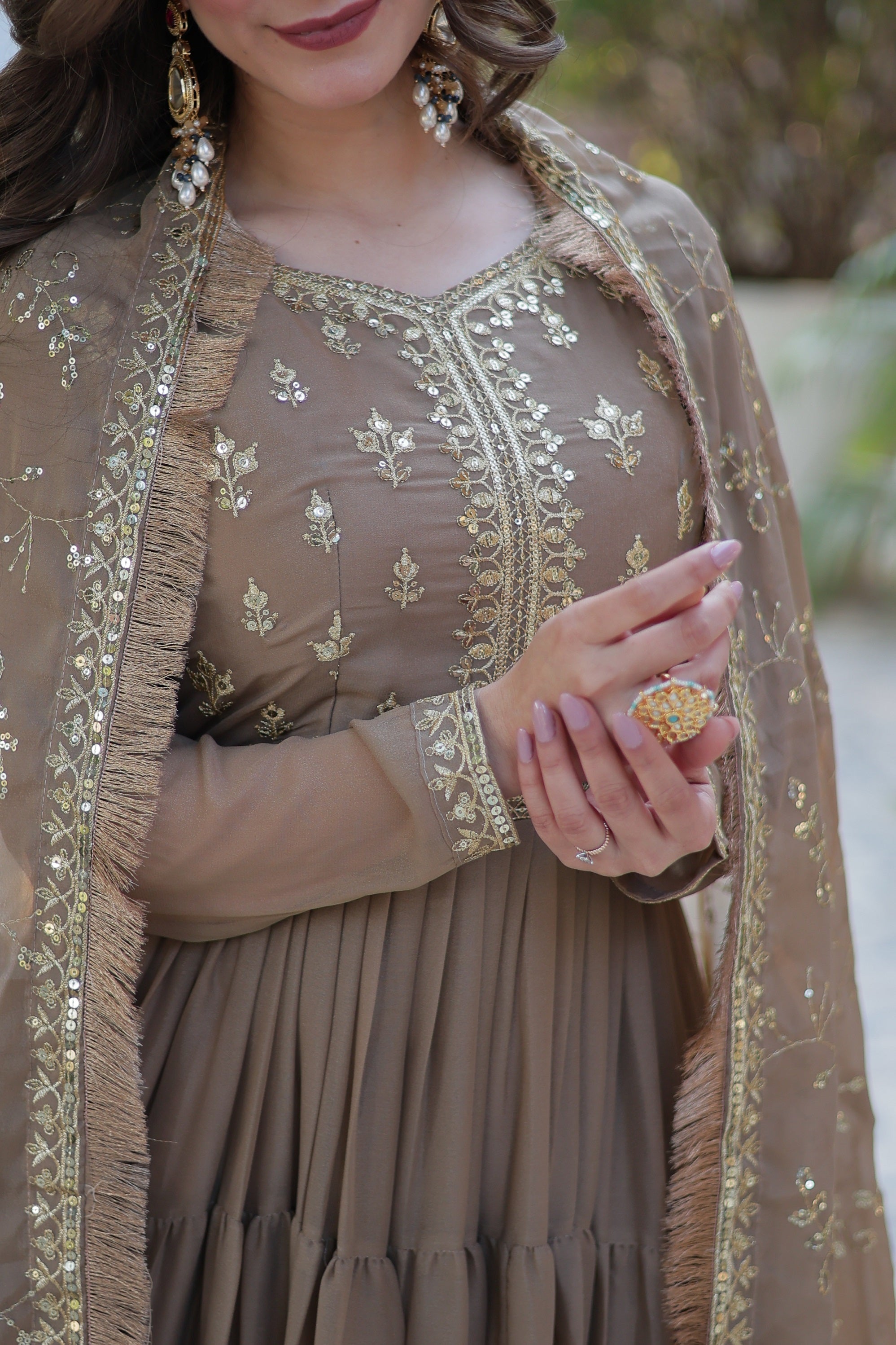 Vedant Vastram Heavy Embroidery & Sequins Work Pure Georgette Gown With Dupatta - Beige