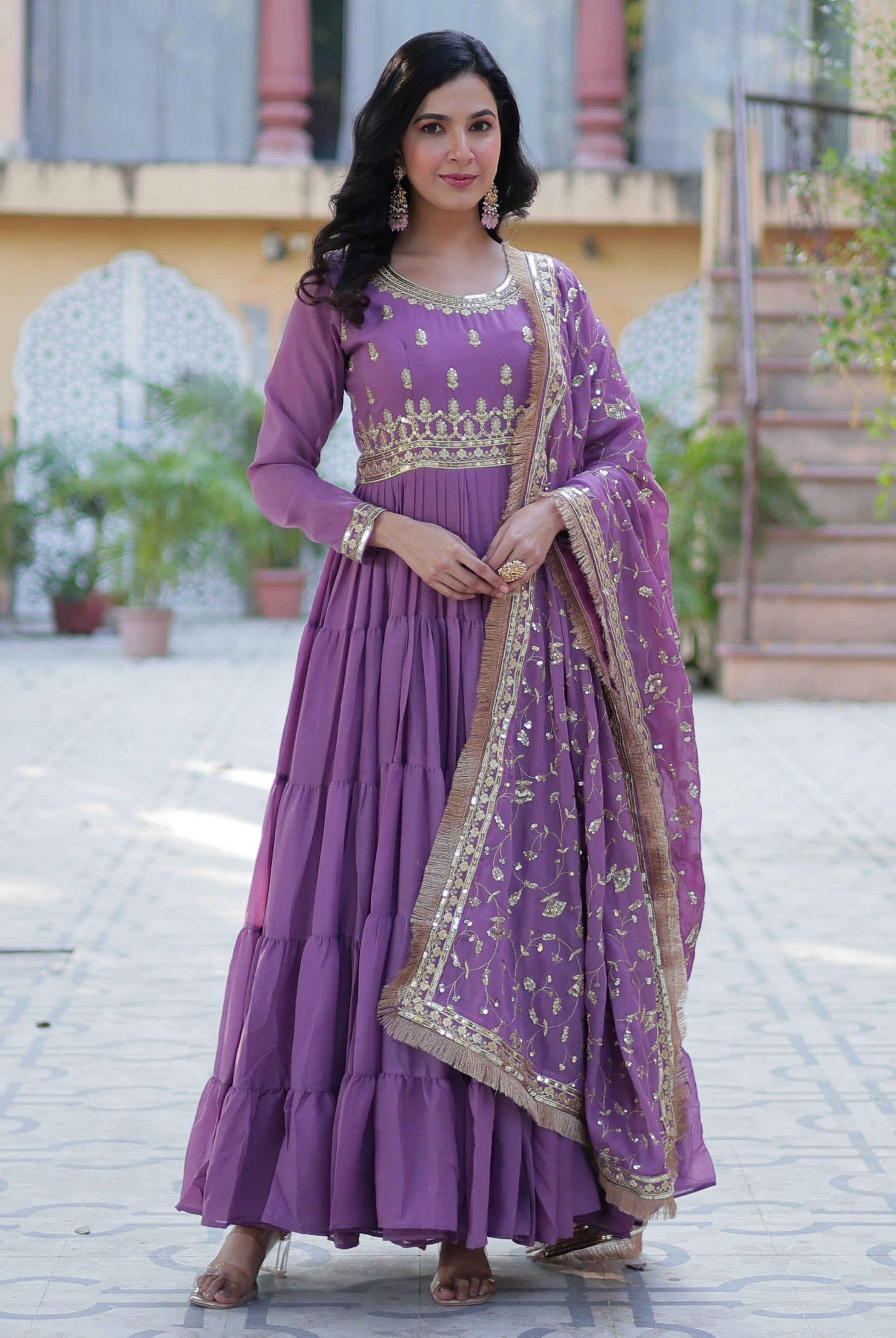 Vedant Vastram Heavy Embroidery & Sequins Work Pure Georgette Gown With Dupatta - Light Violet