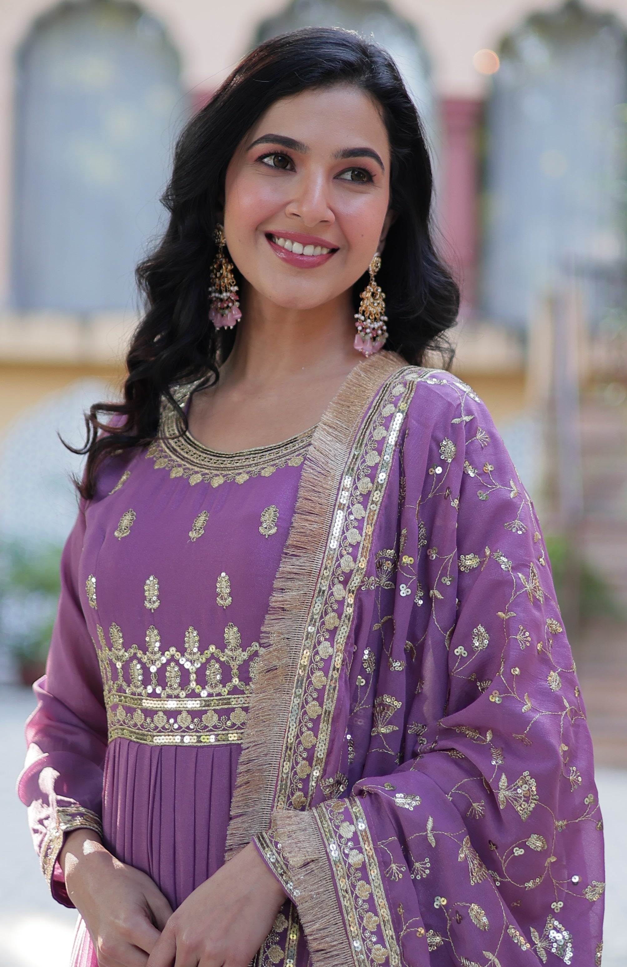 Vedant Vastram Heavy Embroidery & Sequins Work Pure Georgette Gown With Dupatta - Light Violet