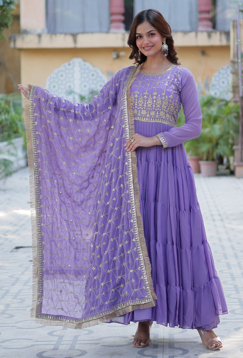 Vedant Vastram Heavy Embroidery & Sequins Work Pure Georgette Gown With Dupatta - Lavender