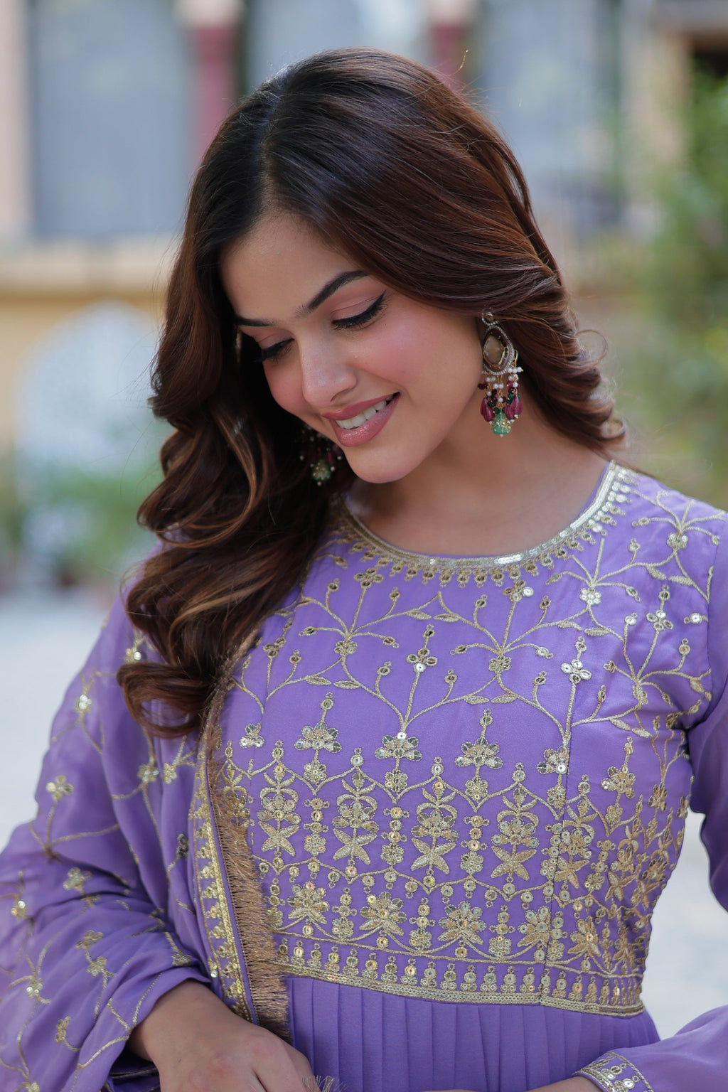 Vedant Vastram Heavy Embroidery & Sequins Work Pure Georgette Gown With Dupatta - Lavender