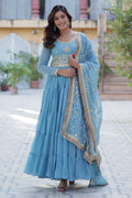 Vedant Vastram Heavy Embroidery & Sequins Work Pure Georgette Gown With Dupatta - Sky Blue