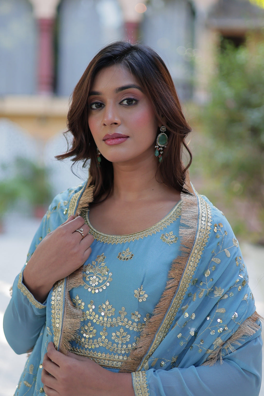 Vedant Vastram Heavy Embroidery & Sequins Work Pure Georgette Gown With Dupatta - Sky Blue